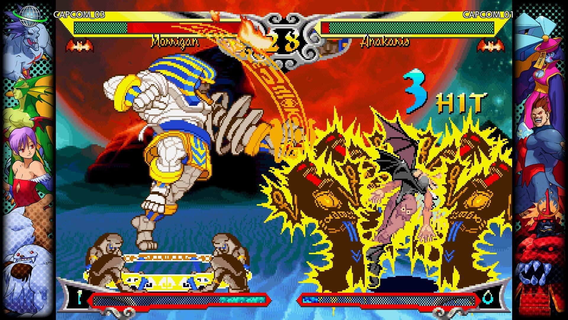 Fighting Games 桌布 壁紙 — 一個像素藝術格鬥遊戲場景顯示莫莉根在紅色天空背景下對阿納卡里斯執行一個火熱的3連擊組合。