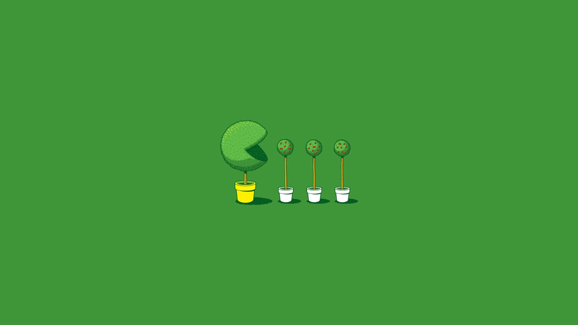 Green Minimalistic 桌布 壁紙 — 一個像素藝術的 Pacman 角色在黃色花盆中，面對三個在白色花盆中的較小綠色點狀植物，背景為純綠色。