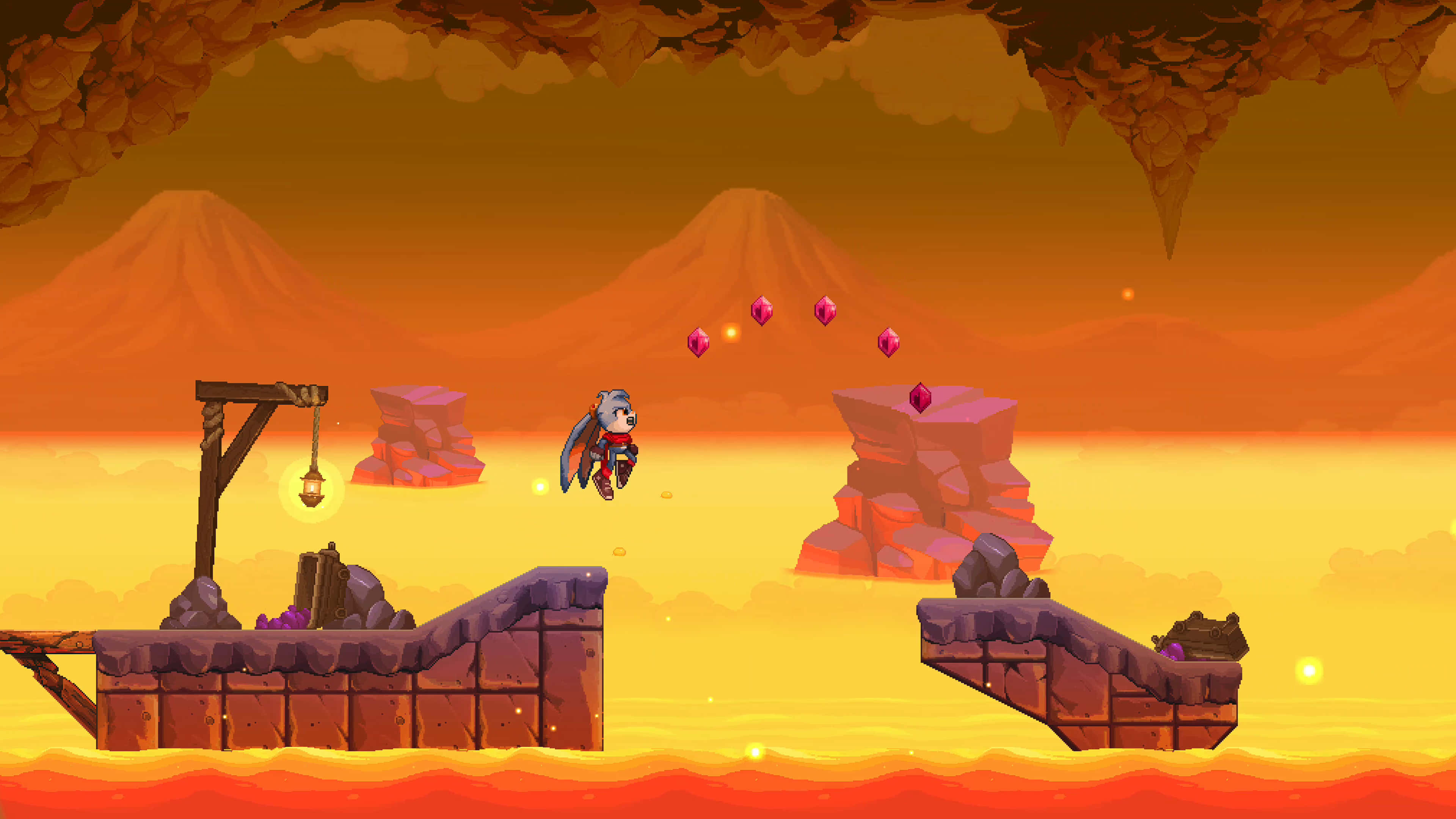 Platform Games 桌布 壁紙 — 一個像素藝術英雄跳過浮動的石頭平台，越過發光的熔岩海，下方是熾熱的橙色天空。