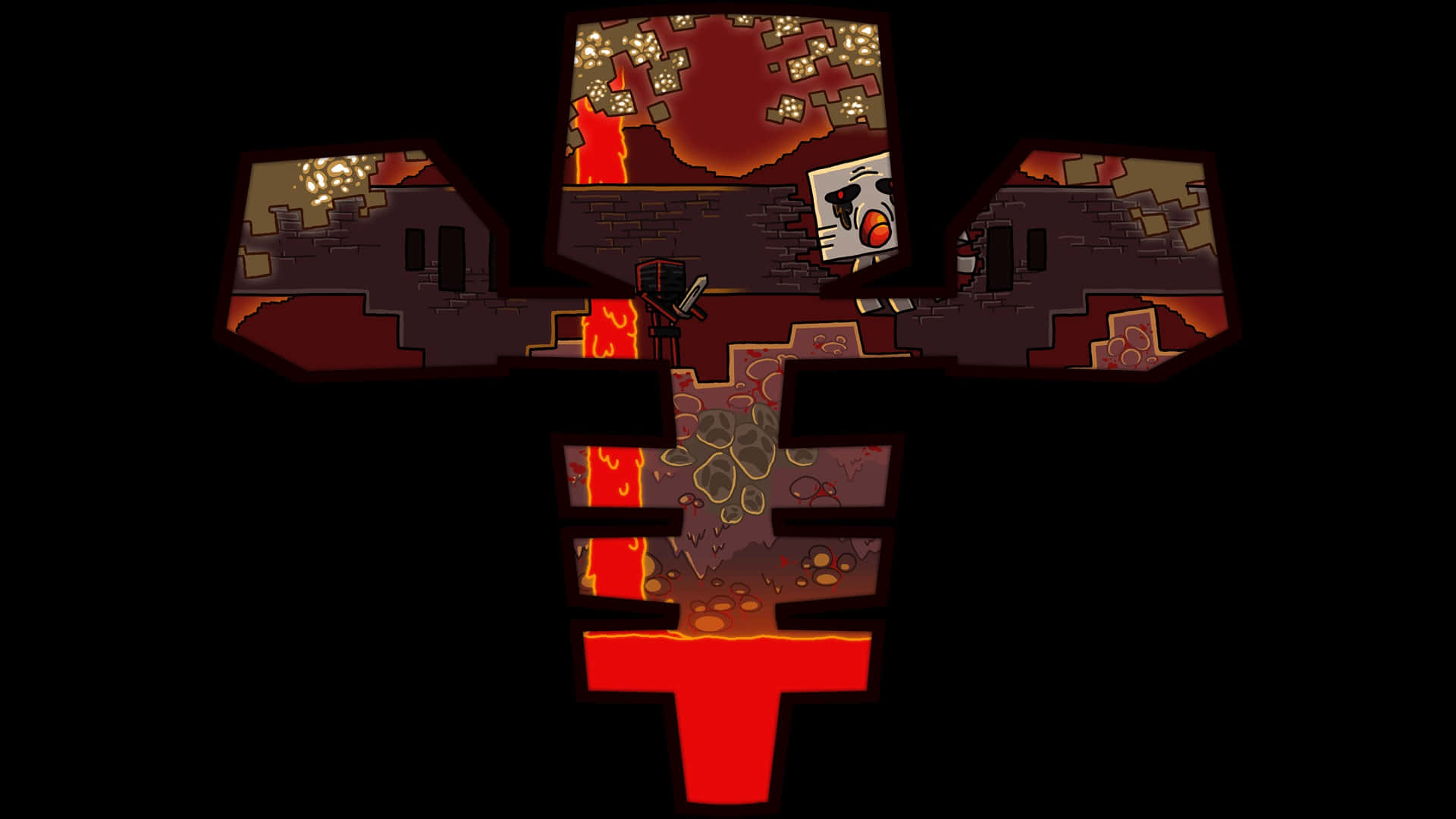 Minecraft Wither 桌布 壁紙 — 一個像素藝術角色站在一個燃燒、破碎的結構上，背景黑暗，有發光的熔岩和崩塌的牆壁。