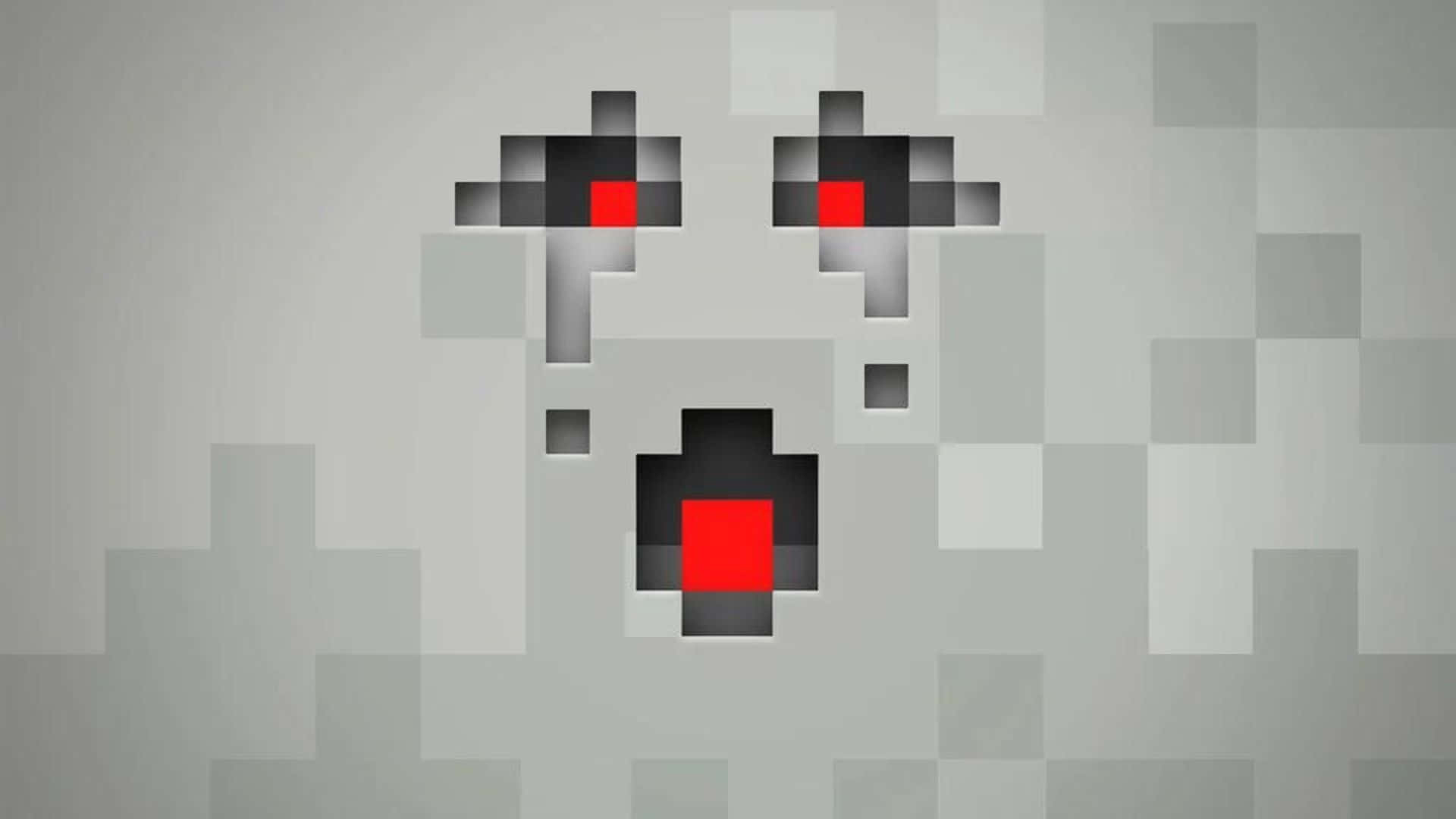 Minecraft Ghast 桌布 壁紙 — 一個像素風格的鬼魂，有著紅色的眼睛和嘴巴，漂浮在灰色棋盤格背景上。