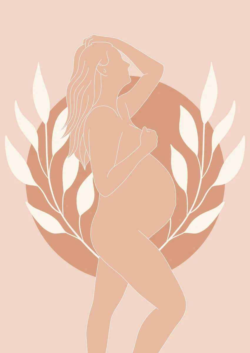 pregnancy 桌布 壁紙 — 一個優雅的孕婦剪影，由白色月桂葉框著，背景是柔和的桃色。