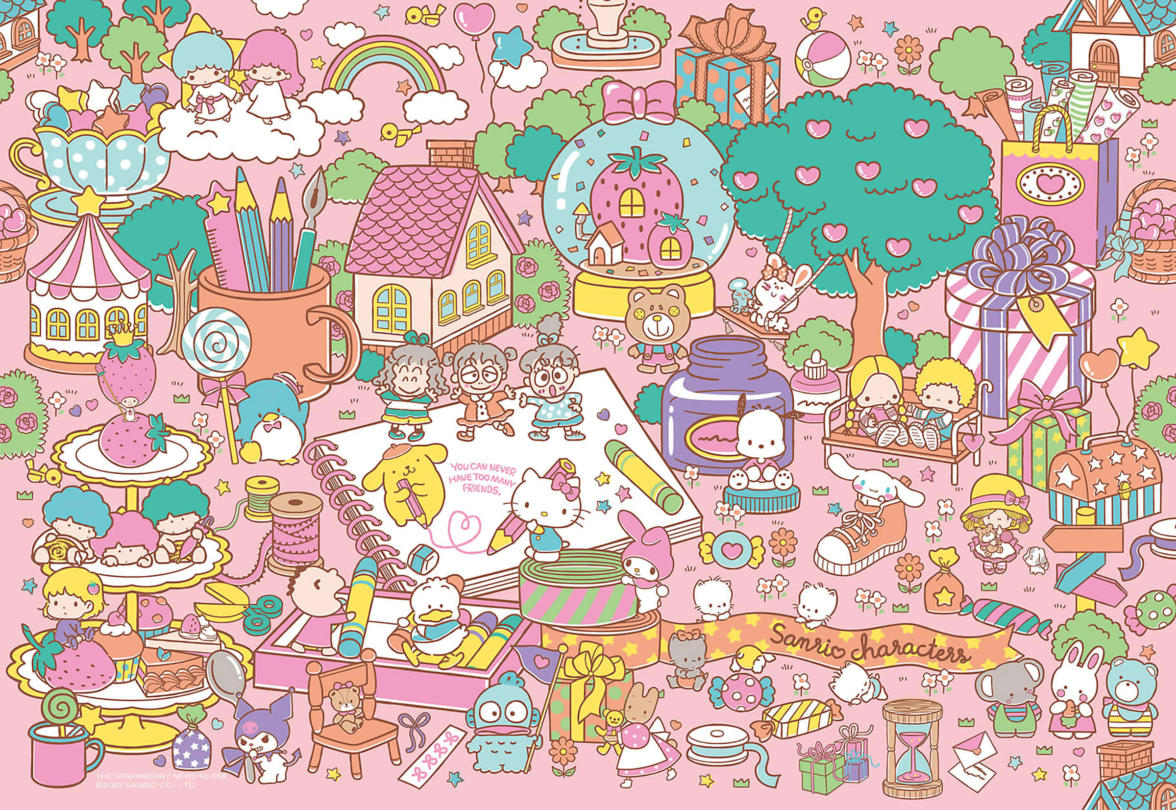 Kawaii Characters 桌布 壁紙 — 一個充滿Sanrio角色、糖果、房屋和彩虹細節的夢幻粉紅世界。