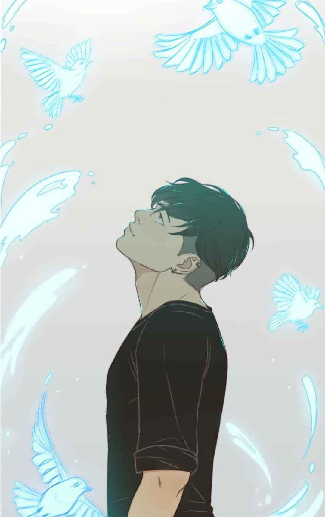 年輕男子仰望發光的藍色鳥類和水滴。