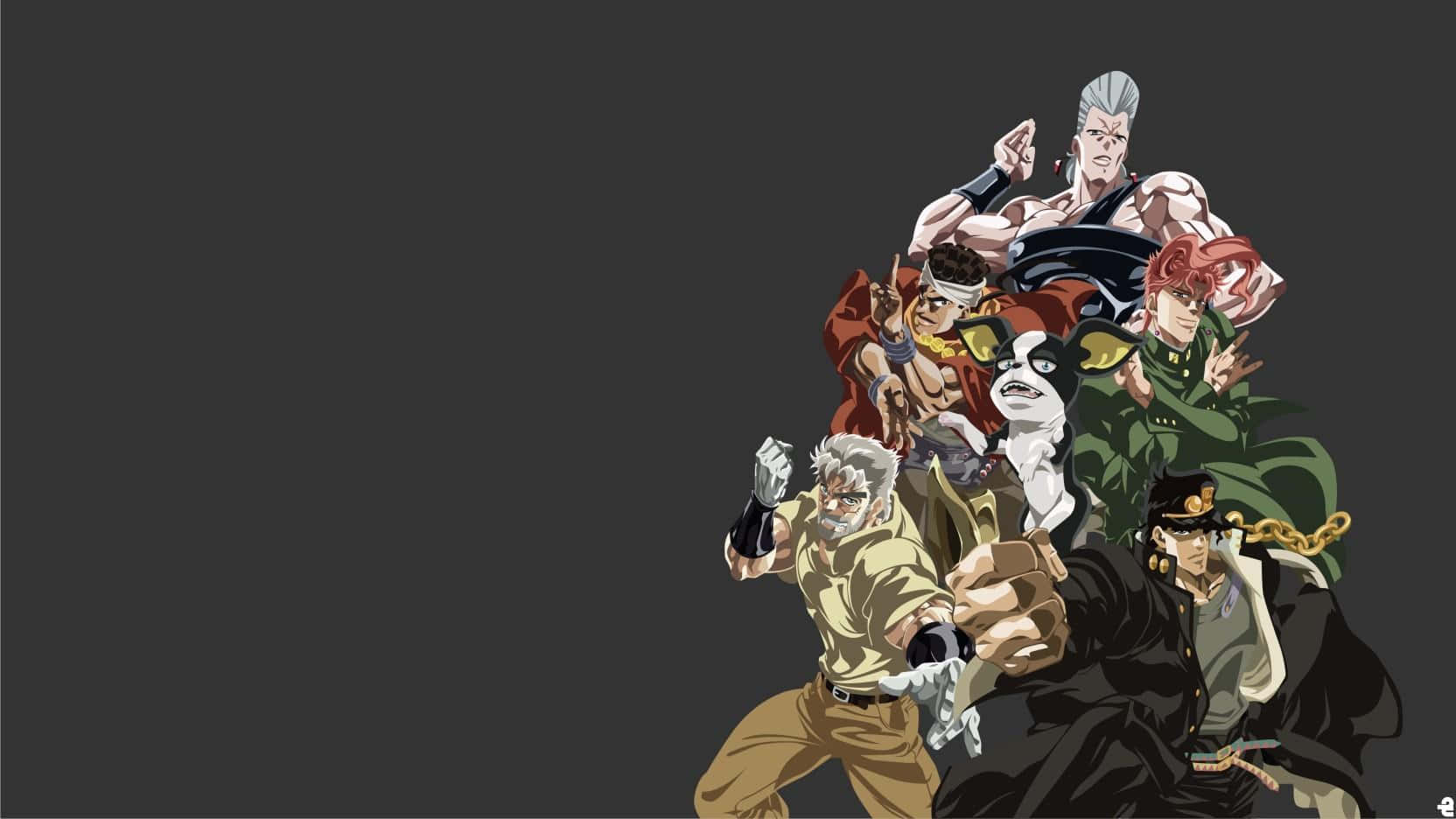 joseph joestar 桌布 壁紙 — 一個充滿動感的動漫團體，由七名肌肉發達的戰士在深灰色背景前擺出侵略性姿勢。