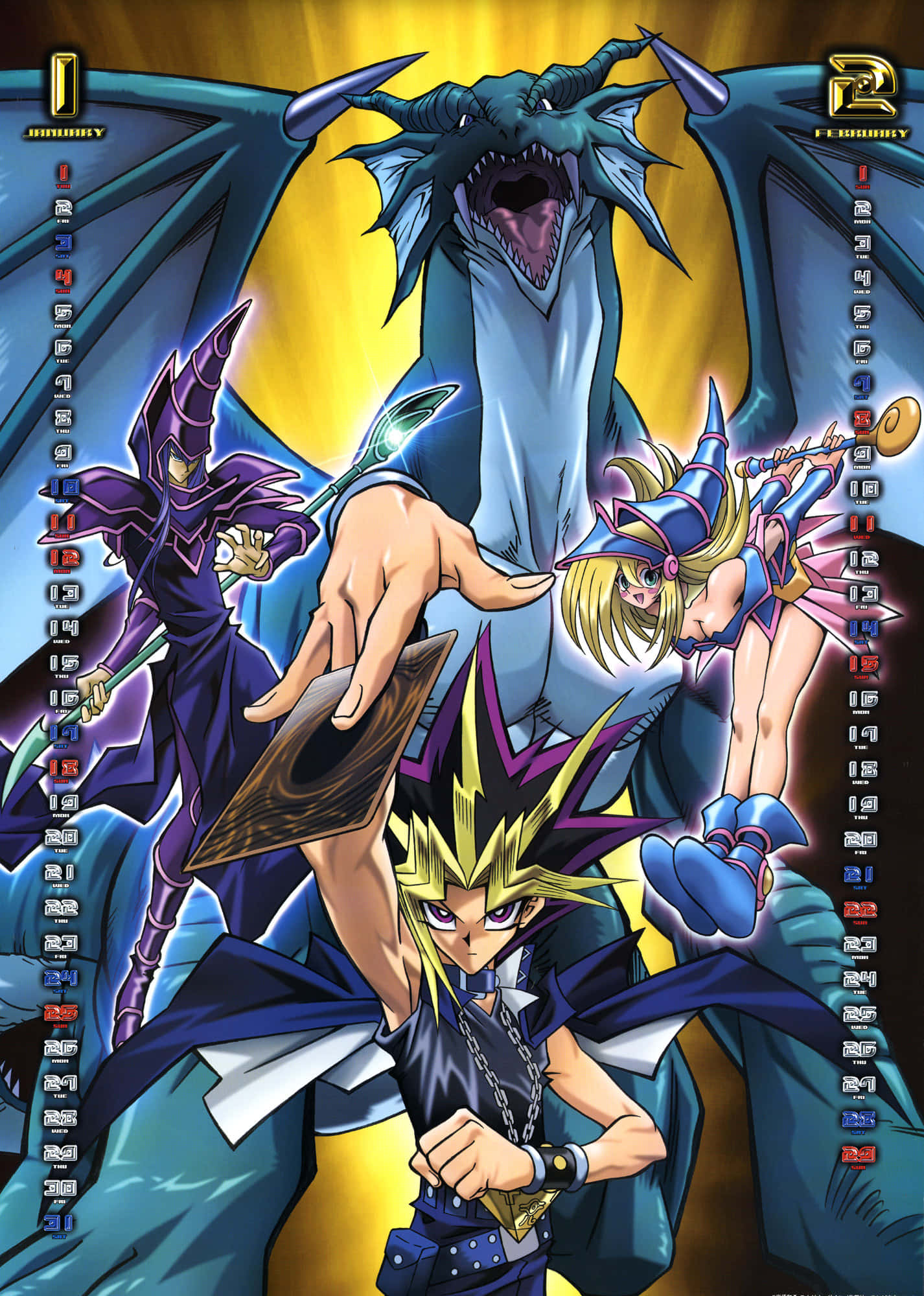 Yugioh Dark Magician 桌布 壁紙 — 一個充滿動感的動漫場景，描繪一位堅定的年輕決鬥者召喚出一隻擁有發光眼睛和展開翅膀的巨大藍龍。