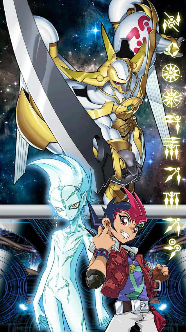 Yuma Tsukumo 桌布 壁紙 — 一個充滿動感的動漫場景，描繪了一位金色裝甲戰士、一個發光的藍色人形生物和一個堅定的男孩，背景是星光燦爛的宇宙。