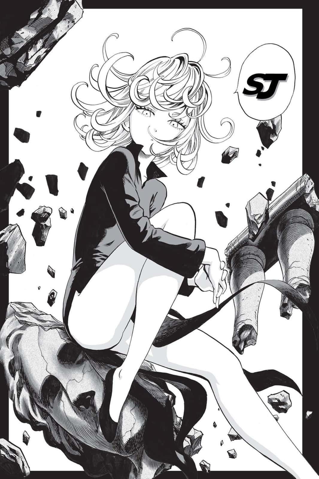 Tatsumaki 桌布 壁紙 — 一個充滿動感的動漫女孩，捲髮，坐在瓦礫上，碎片在她周圍飛舞，呈現大膽的黑白漫畫風格。