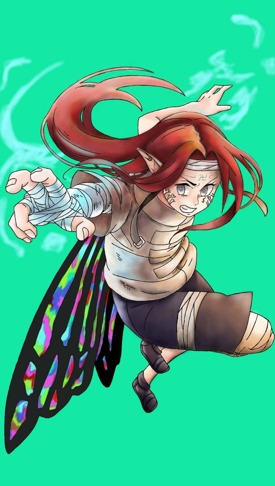 Seven Deadly Sins Gloxinia 桌布 壁紙 — 一個充滿動感的動漫女孩，紅髮和彩色翅膀，在充滿活力的青綠色背景前向前衝刺。