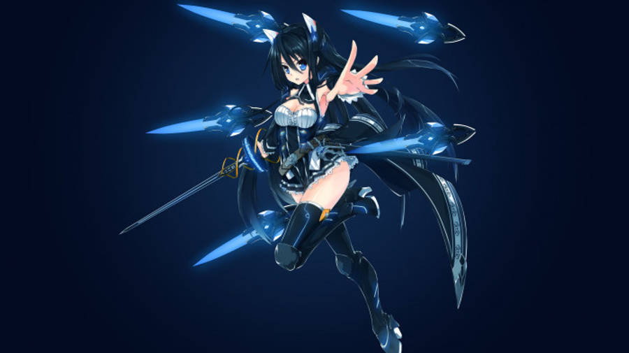 Cool Anime Girl 桌布 壁紙 — 一個充滿動感的動漫女孩，黑髮藍眼，在深藍色背景上揮舞著發光的藍色刀刃。