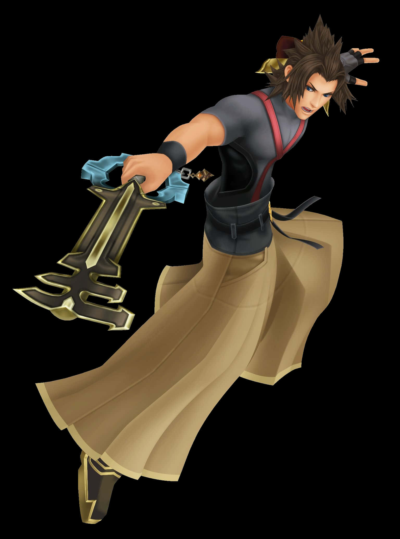 Kingdom Hearts Terra 桌布 壁紙 — 一個充滿動感的動漫戰士，擁有刺蝟般的棕色頭髮，在黑色背景前揮舞著發光的藍色和金色鑰刃。