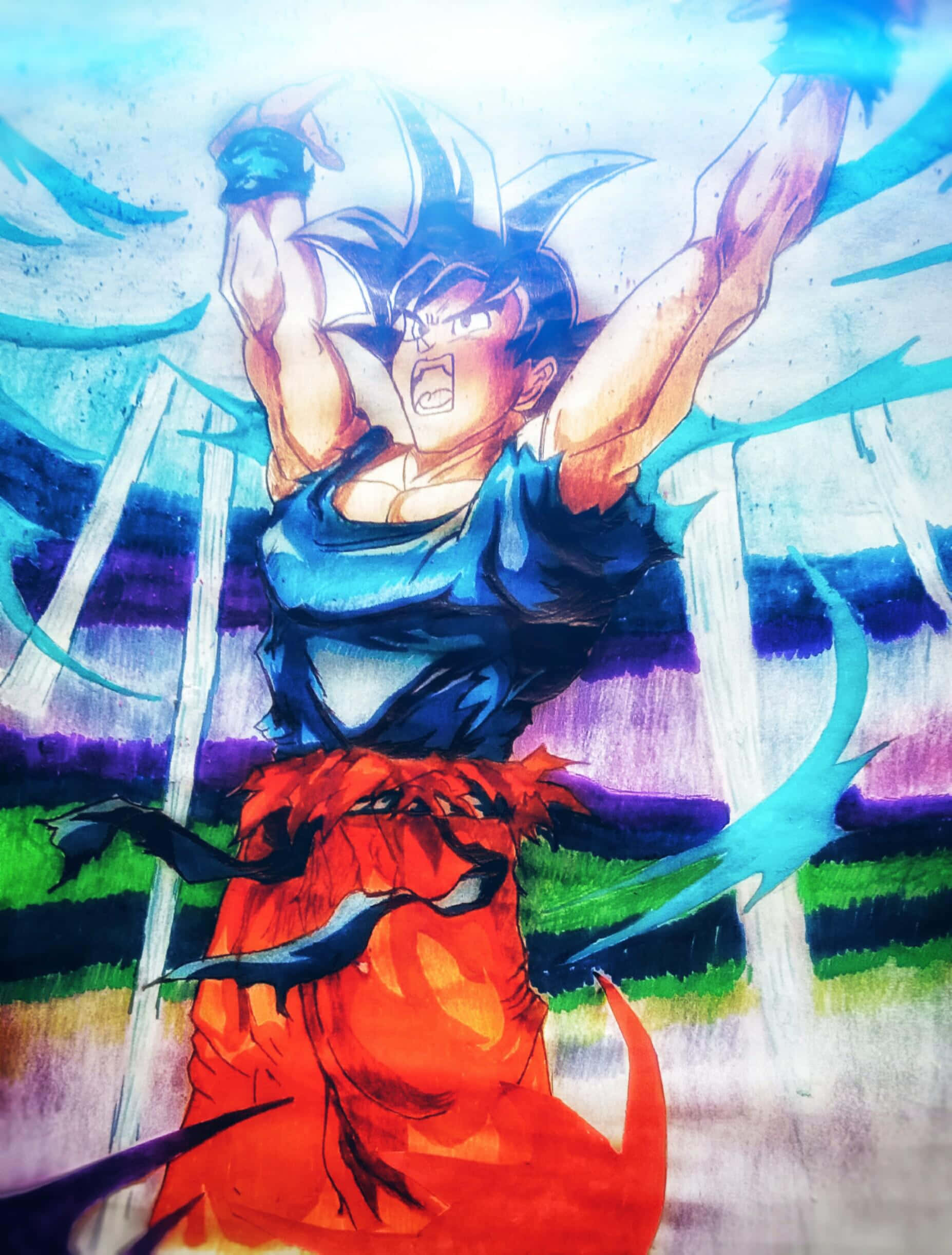 Goku's Spirit Bomb Sword 桌布 壁紙 — 一個充滿動感的動漫戰士，有著尖刺頭髮和紅色褲子，在充滿活力的抽象背景前舉起雙臂咆哮。