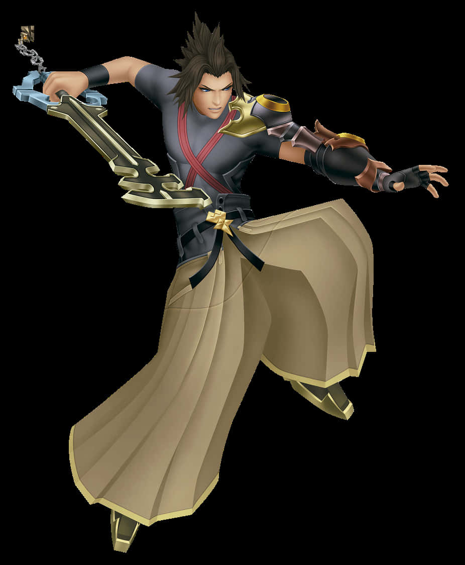 Kingdom Hearts Terra 桌布 壁紙 — 一個充滿動感的動漫戰士，頭髮尖刺，在黑色背景前以空中戰鬥姿勢揮舞著一把巨大的裝飾性鑰刃。