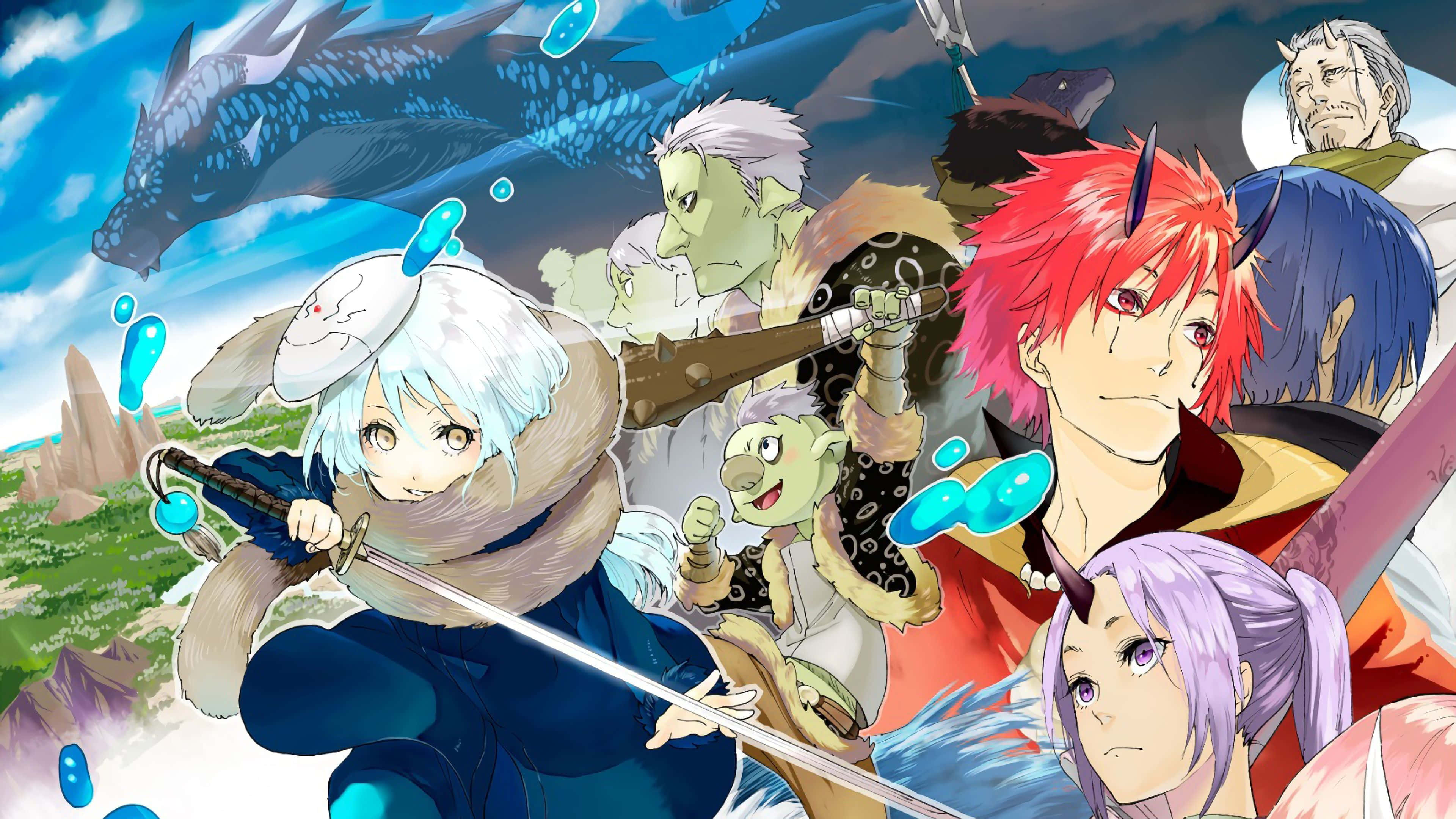 關於我轉生變成史萊姆這檔事 桌布 壁紙 — 一個充滿動感的動漫戰士與怪物群體在明亮的藍天下激戰，一條巨龍在頭頂翱翔。