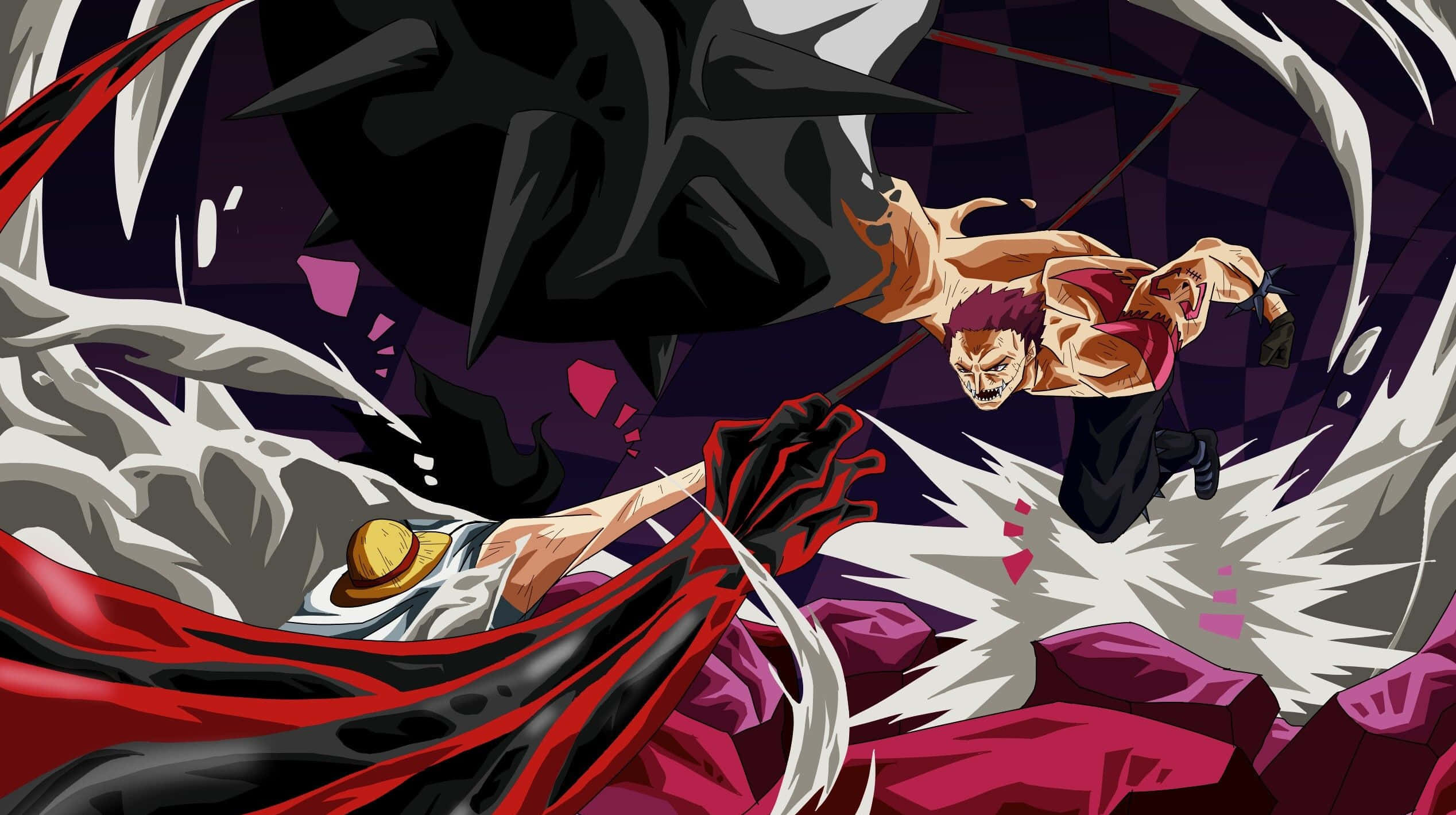 Charlotte Katakuri 桌布 壁紙 — 一個充滿動感的動漫戰鬥場景，一個肌肉發達的紅衣男子揮舞著劍對抗一個巨大的黑色尖刺怪物。