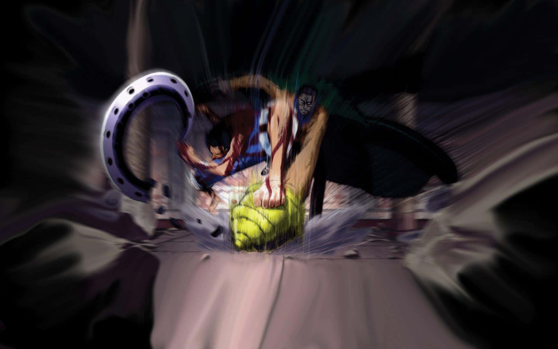 gecko moria 桌布 壁紙 — 一個充滿動感的動漫戰鬥場景，一名肌肉發達的戰士在半空中擊打一個發光的綠色球體，背後有一個大型金屬環旋轉。