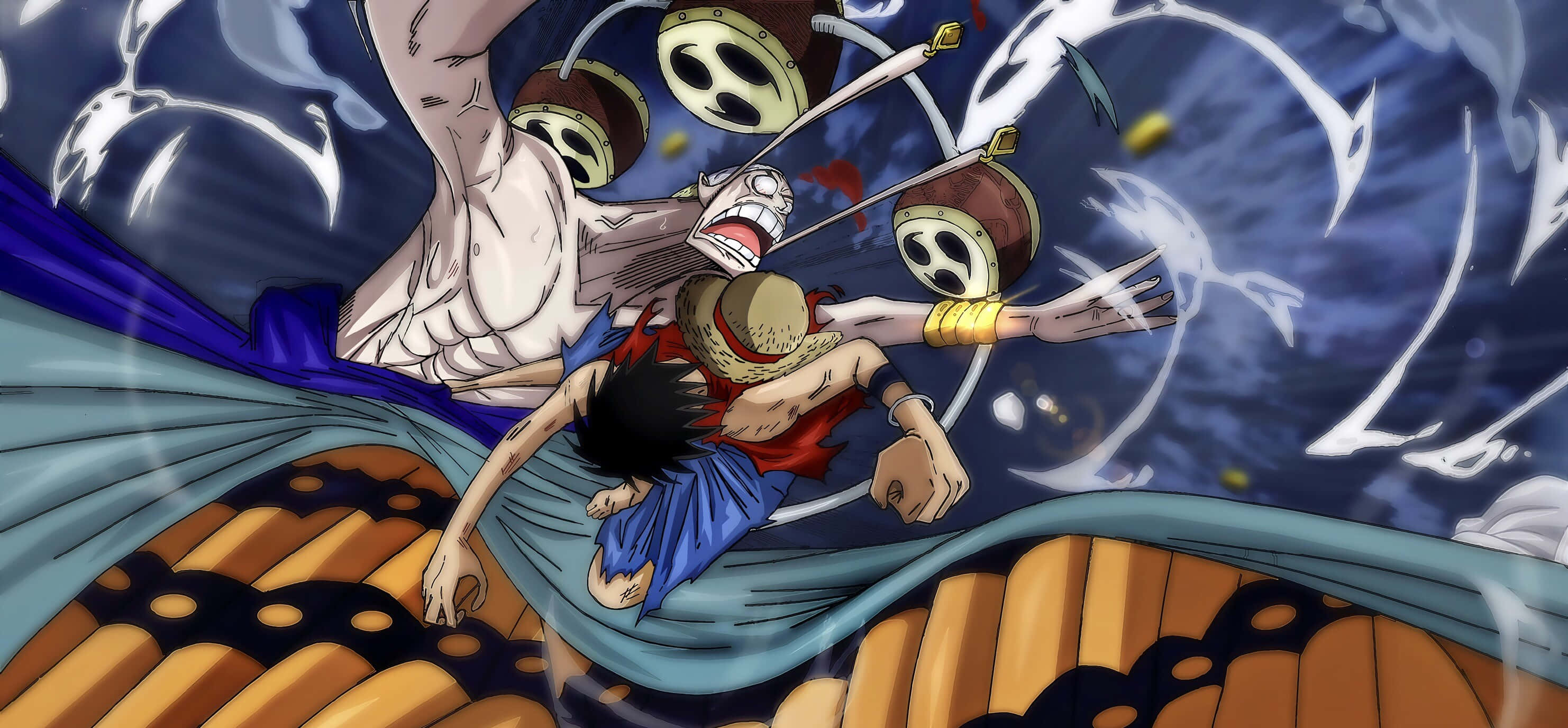 One Piece Enel 桌布 壁紙 — 一個充滿動感的動漫戰鬥場景，一名肌肉發達的對手在船甲板上揮舞三把劍，對抗一名意志堅定的海盜。