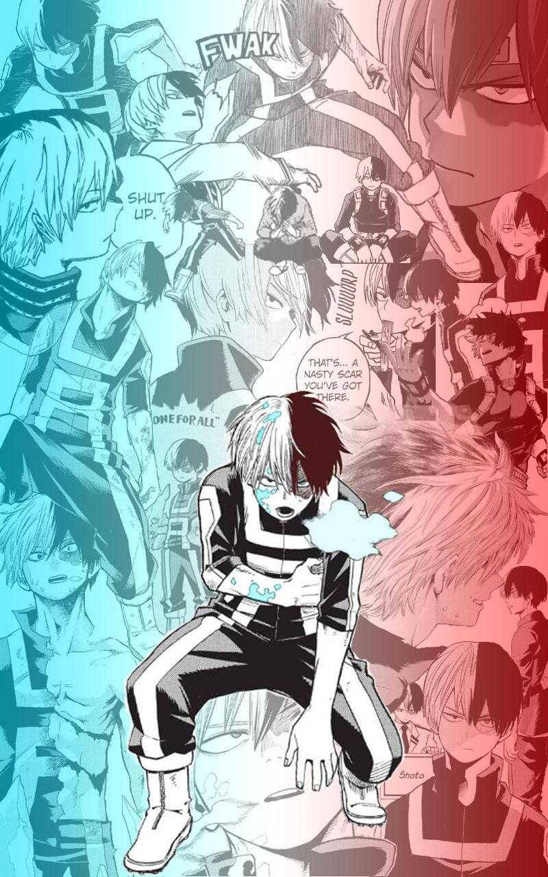 Blue Red Todoroki Aesthetic My Hero Academia 壁紙 — 一個充滿動感的動漫拼貼畫，以一個半黑半白頭髮、帶有疤痕的角色為中心，周圍環繞著激烈的動作畫面和對話氣泡。