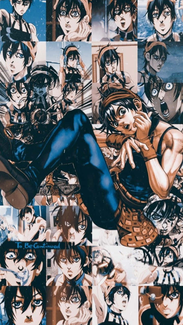 Narancia Ghirga 桌布 壁紙 — 一個充滿動感的動漫拼貼畫，以多個強烈的特寫鏡頭呈現一位深色頭髮、眼神富有表現力的年輕女性，擺出各種戲劇性的姿勢。