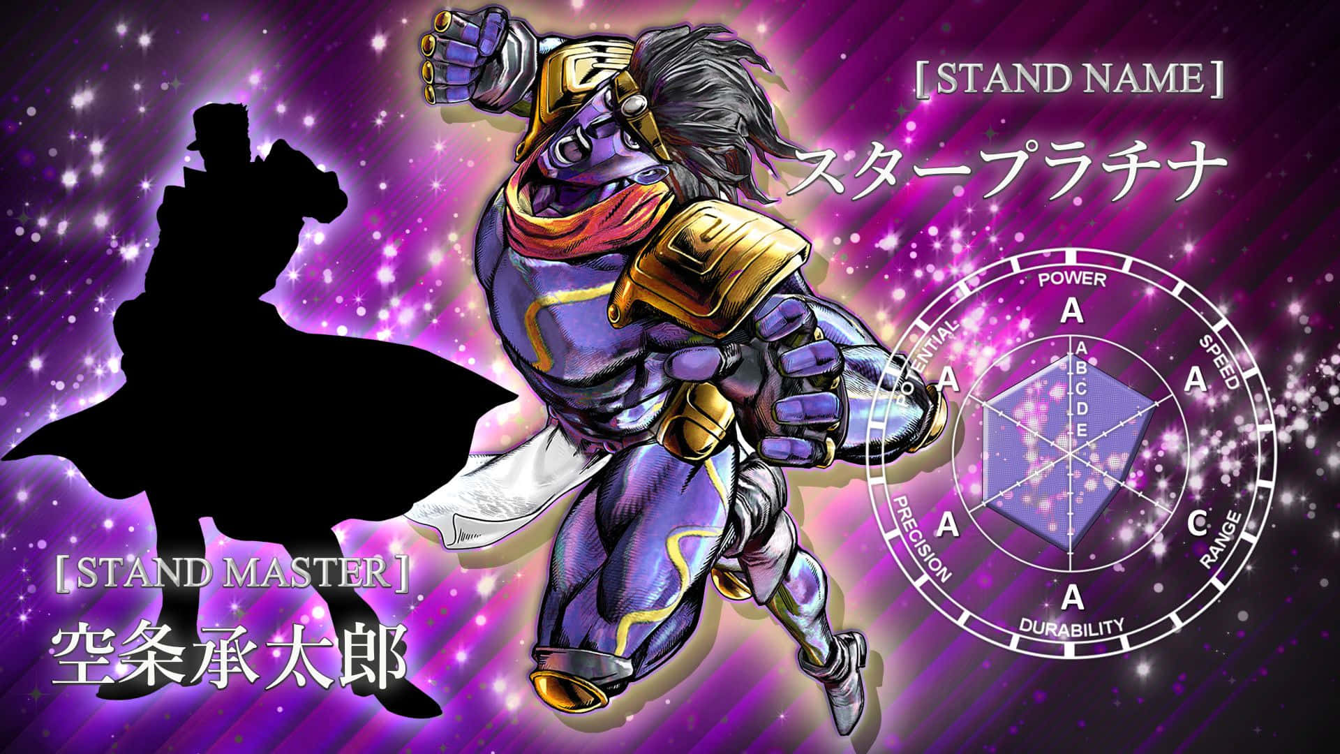 Jojo Stands 桌布 壁紙 — 一個充滿動感的動漫替身角色，擁有紫色皮膚和金色盔甲，在閃爍的紫色宇宙背景下發動攻擊。