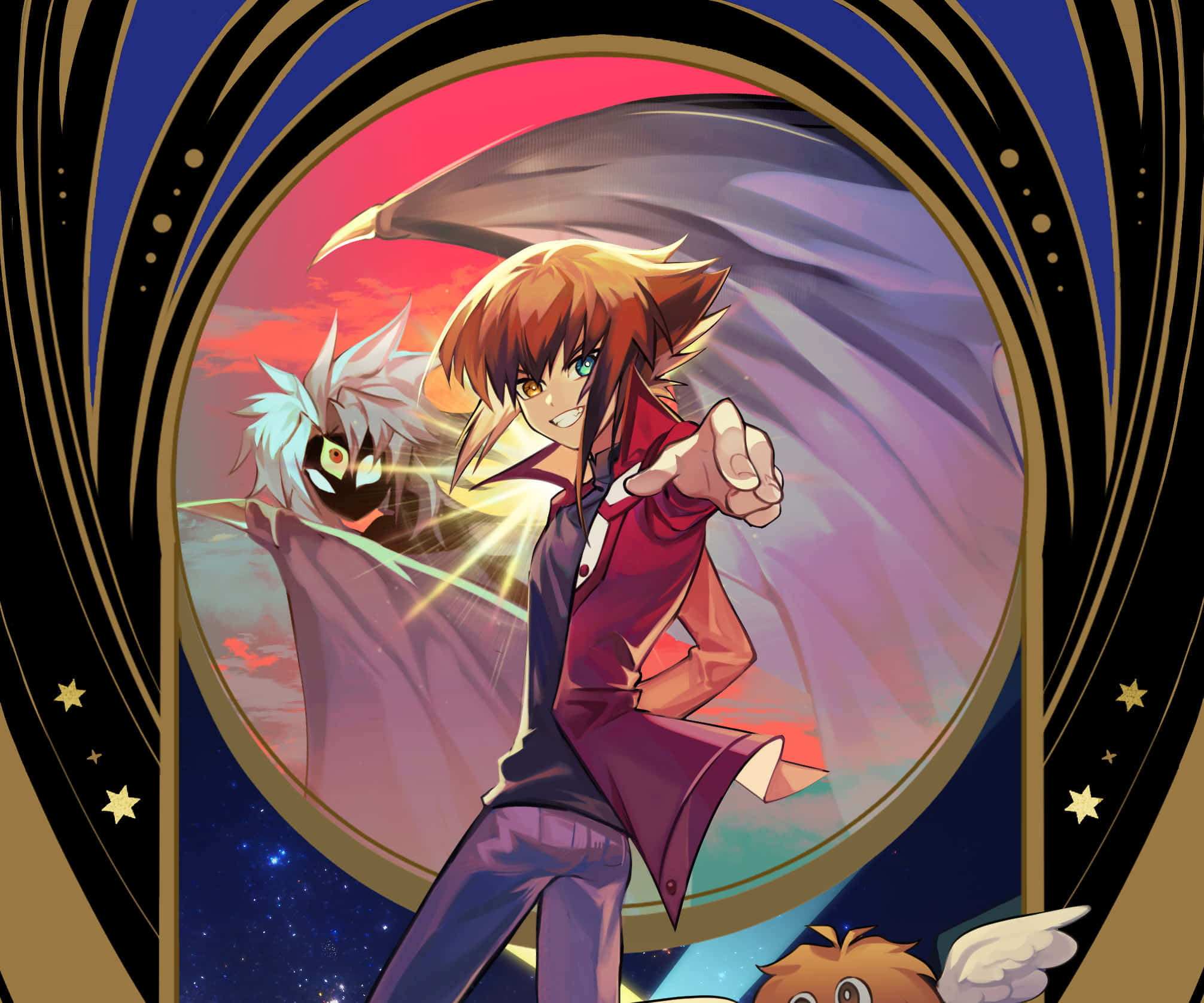 Jaden Yuki 桌布 壁紙 — 一個充滿動感的動漫男孩，擁有尖刺的棕色頭髮和綠色眼睛，在一個由華麗金色和藍色拱門框住的宇宙傳送門中向前指。
