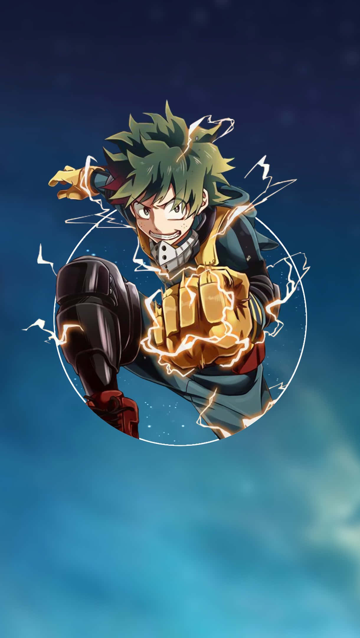 My Hero Academia Aesthetic 桌布 壁紙 — 一個充滿動感的動漫英雄，擁有綠色頭髮和發光的拳頭，在繁星點點的藍色天空中釋放電能。