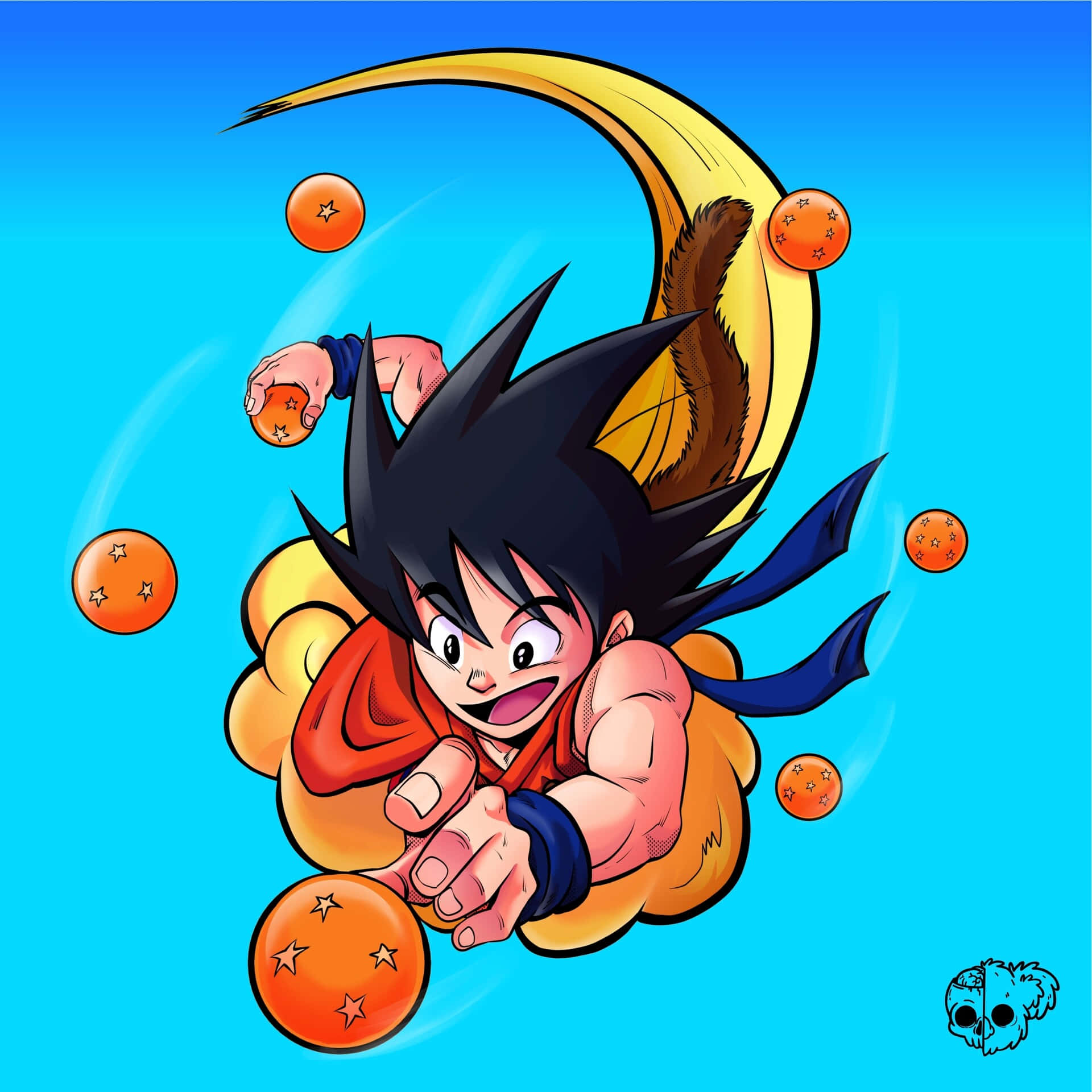 Nimbus 桌布 壁紙 — 一個充滿動感的動漫角色，擁有刺蝟般的黑色頭髮和猴子尾巴，在明亮的藍天中跳躍，周圍漂浮著橙色的龍珠。