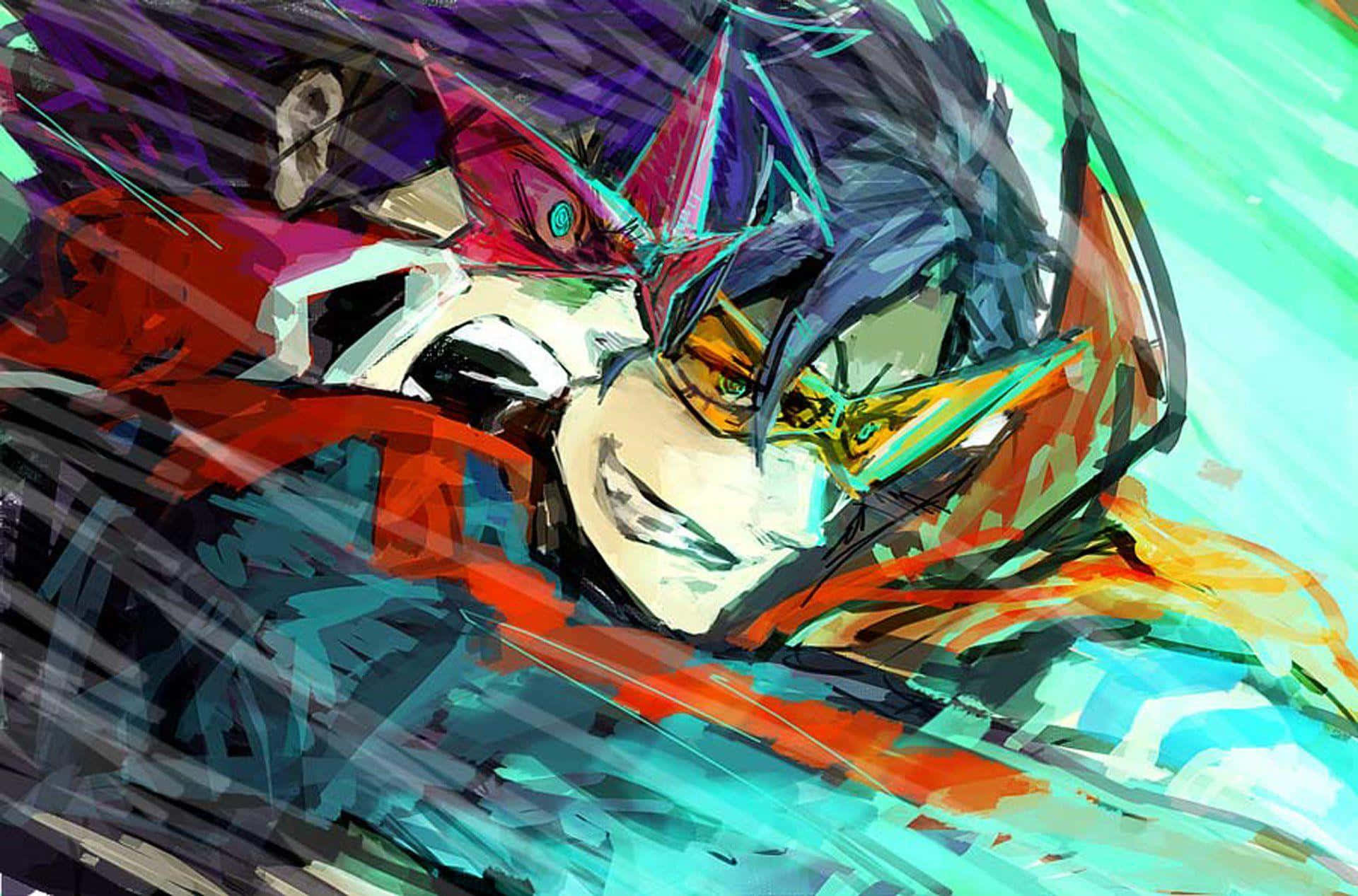 Gurren Lagann Kamina 桌布 壁紙 — 一個充滿動感的動漫角色，擁有尖刺頭髮和護目鏡，在帶有條紋的青綠色和紫色背景上兇猛微笑。