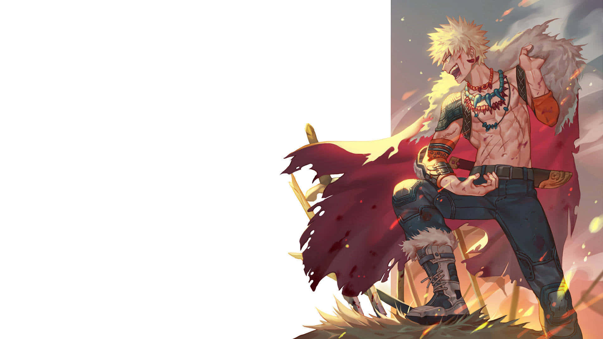 My Hero Academia Aesthetic 桌布 壁紙 — 一個充滿動感的動漫角色，擁有尖刺金髮和破爛的紅色斗篷，在戲劇性的天空下擺出火熱的姿勢。