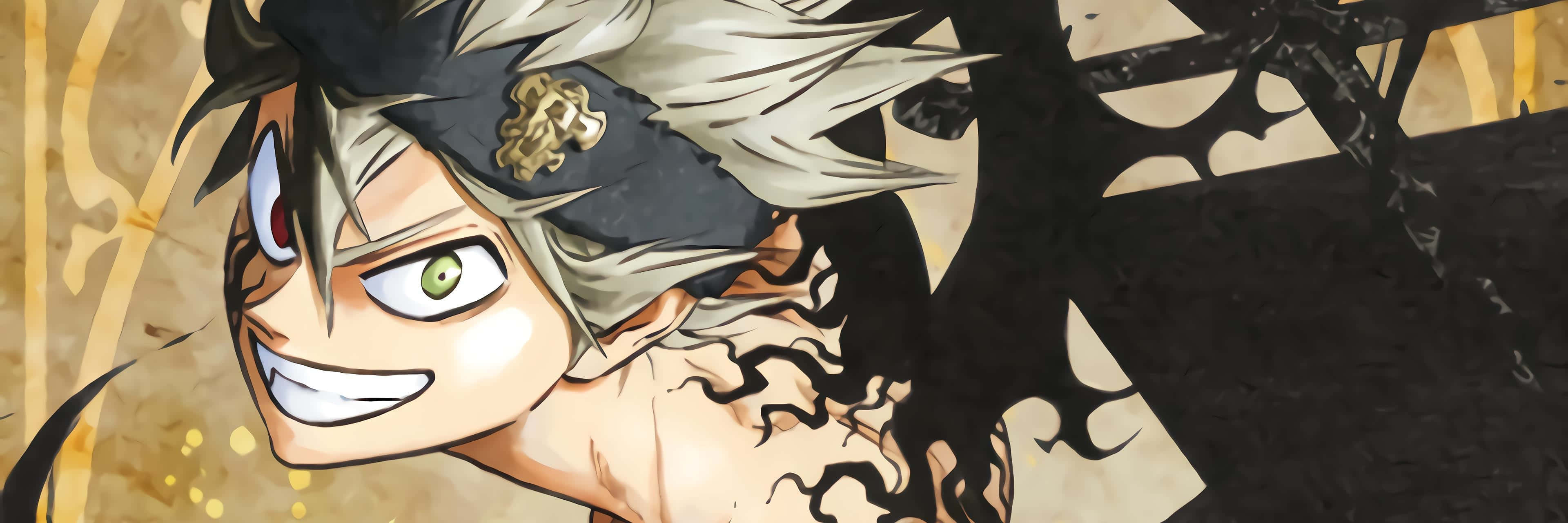Luck Voltia 桌布 壁紙 — 一個充滿動感的動漫角色，擁有尖刺銀色頭髮和綠色眼睛，在黑暗華麗的背景前兇狠地咧嘴笑。