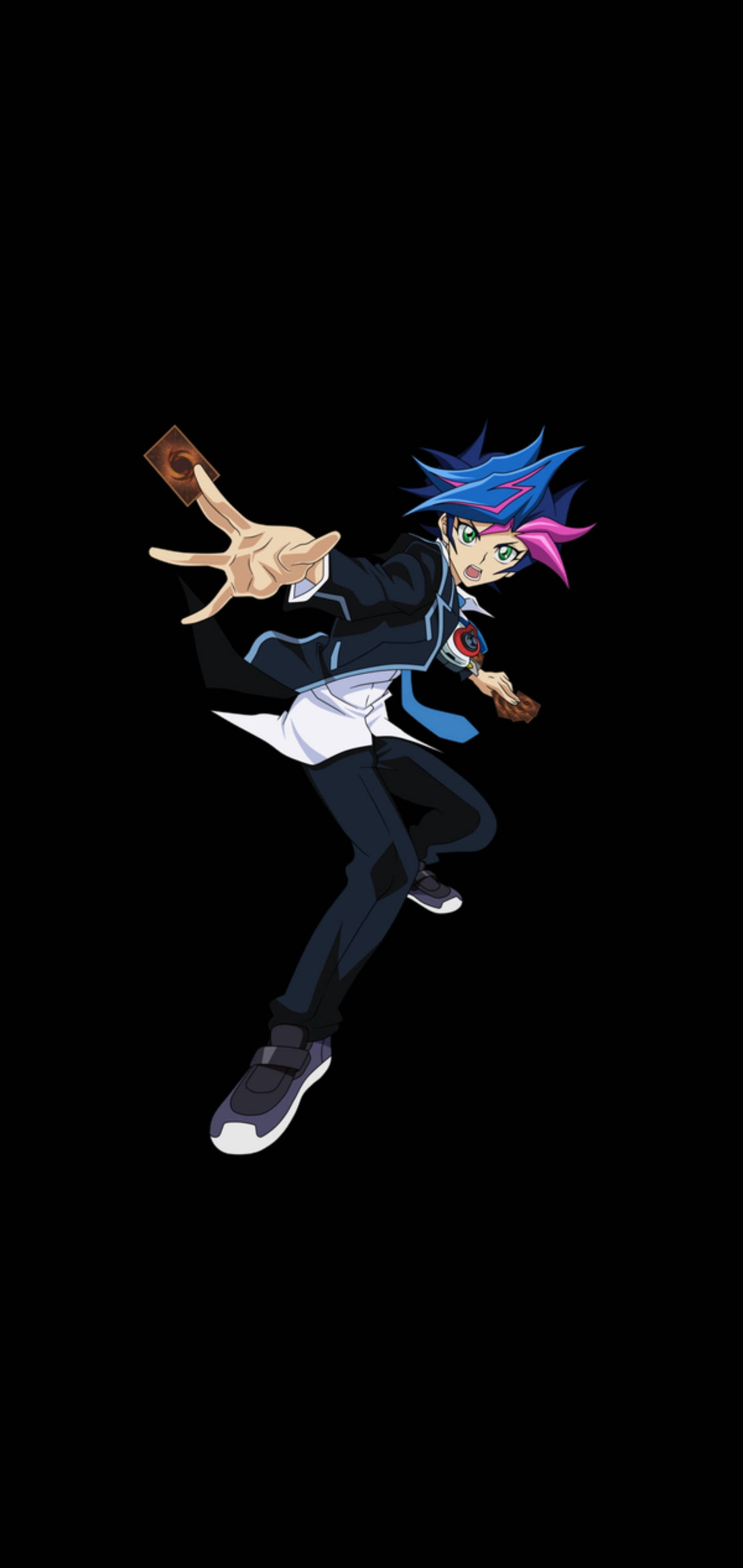 Yu Gi Oh 桌布 壁紙 — 一個充滿動感的動漫角色，擁有尖刺的藍色和粉紅色頭髮，在黑色背景前手持卡牌向前跳躍。