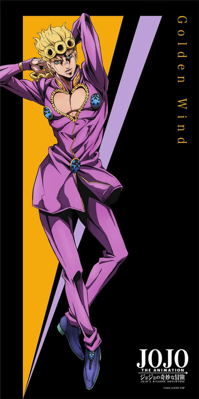 Jojo Pose 桌布 壁紙 — 一個充滿動感的動漫角色，擁有尖刺金髮和護目鏡，穿著充滿活力的紫色套裝，在醒目的黃色和紫色V形背景前擺出英雄姿勢。