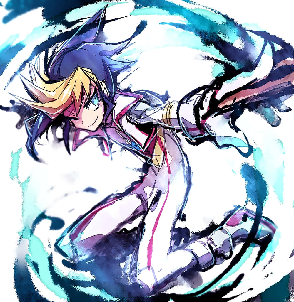 Yu-gi-oh Yugo 桌布 壁紙 — 一個充滿動感的動漫角色，擁有尖刺的藍色和黃色頭髮，在風格化的水彩插圖中釋放出旋轉的藍綠色能量攻擊。