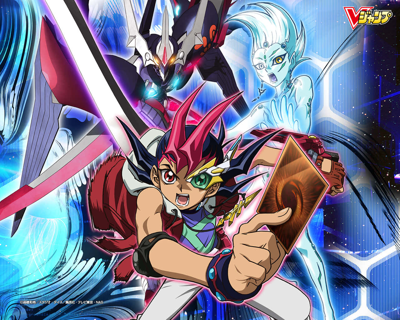 Yu-gi-oh Astral 桌布 壁紙 — 一個充滿動感的動漫角色，擁有尖刺的紅髮和綠色眼睛，手持一張發光的卡片，身後有一個機械怪物和一個幽靈般的身影在宇宙藍色背景中戰鬥。