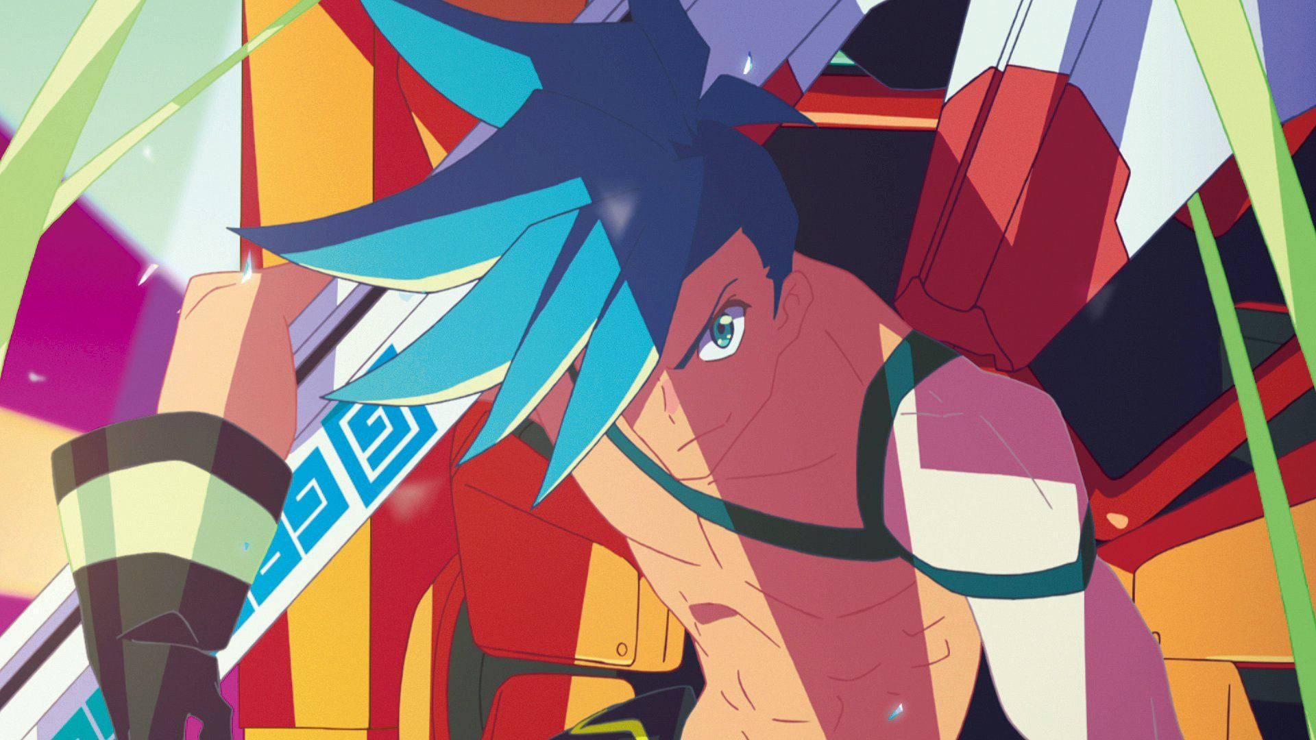 Promare - Fire Redefined in Anime Form 壁紙 — 一個充滿動感的動漫角色，擁有尖刺的藍色頭髮和綠色眼睛，在充滿活力的幾何背景中緊握著一把發光的劍。