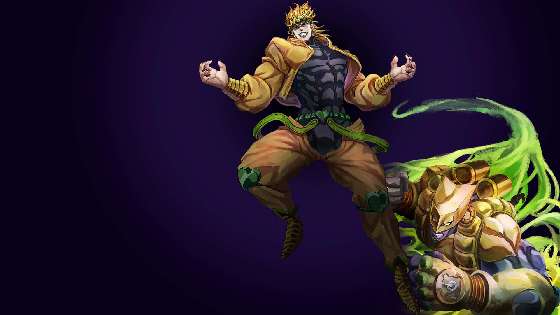 Jojo Stands 桌布 壁紙 — 一個充滿動感的動漫角色，擁有尖刺頭髮和金色服裝，在深紫色背景前向前跳躍，身旁環繞著發光的綠色能量。