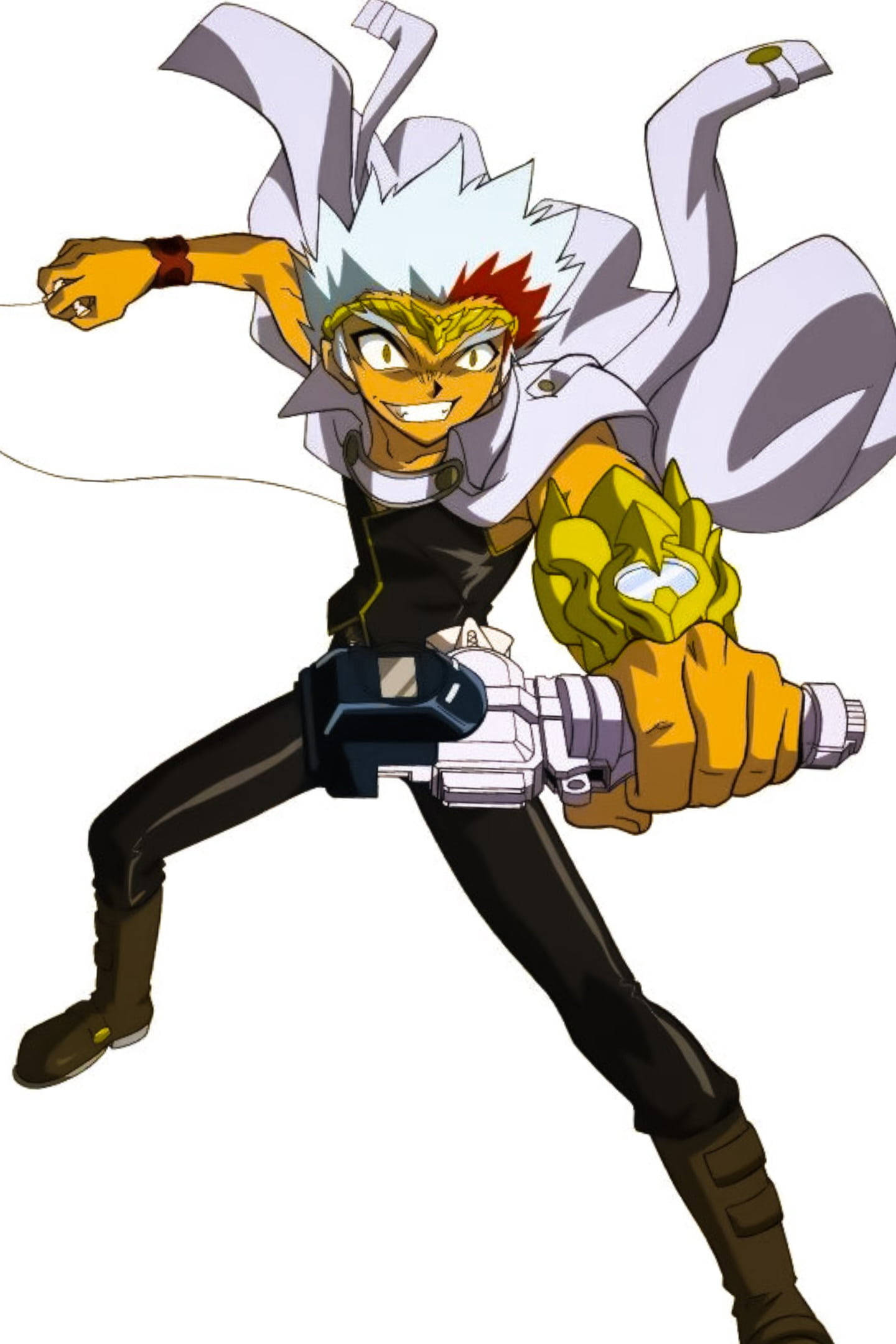 Beyblade 桌布 壁紙 — 一個充滿動感的動漫角色，擁有尖刺的白色和紅色頭髮，以英雄姿態揮舞著發光的金色武器。