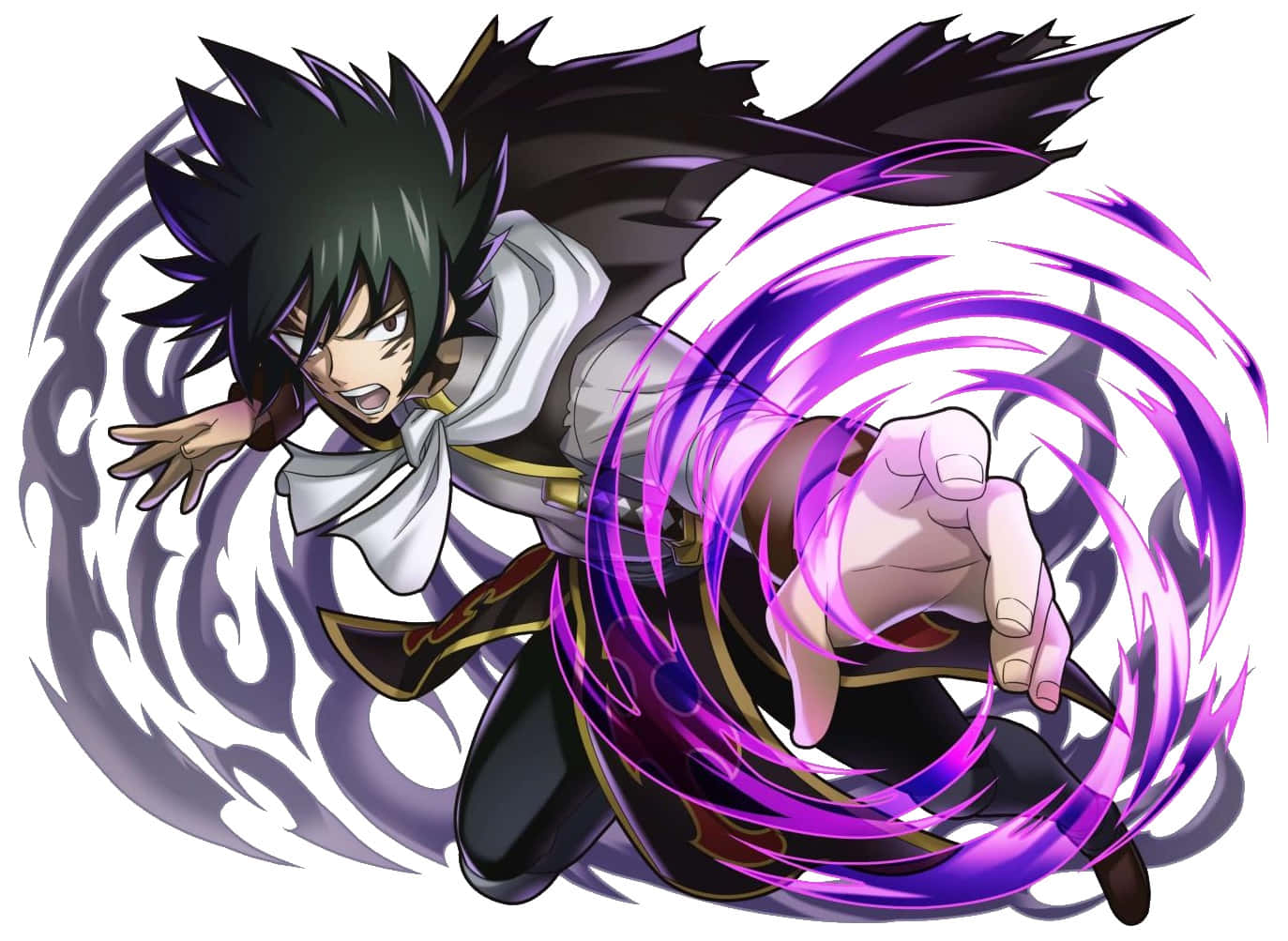 Rogue Cheney 桌布 壁紙 — 一個充滿動感的動漫角色，擁有尖刺般的黑色頭髮，以戲劇性的姿勢釋放出旋轉的紫色能量攻擊。