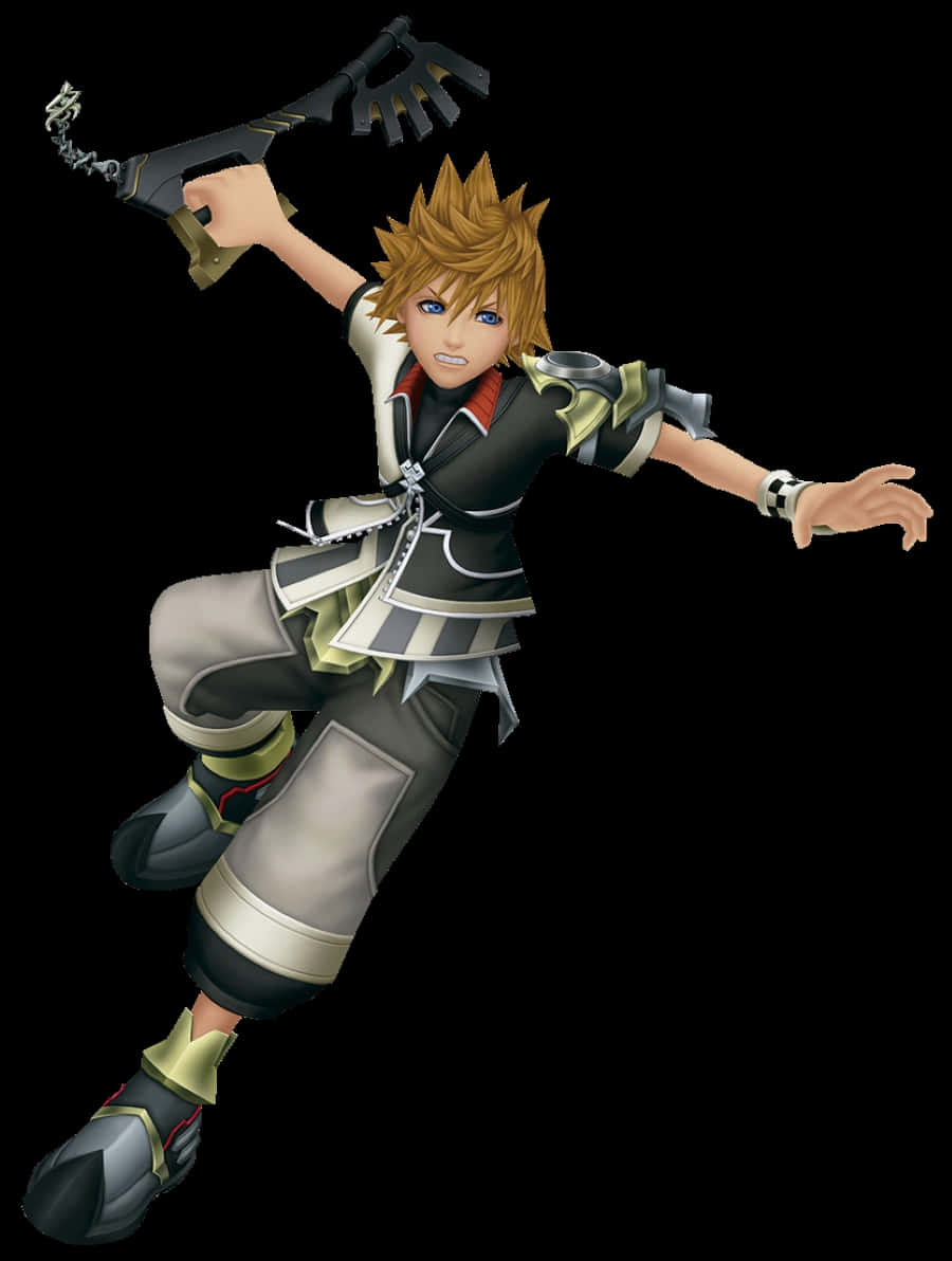 Kingdom Hearts Ventus 桌布 壁紙 — 一個充滿動感的動漫角色，擁有尖刺金髮，在黑色背景前於半空中揮舞著鑰刃。