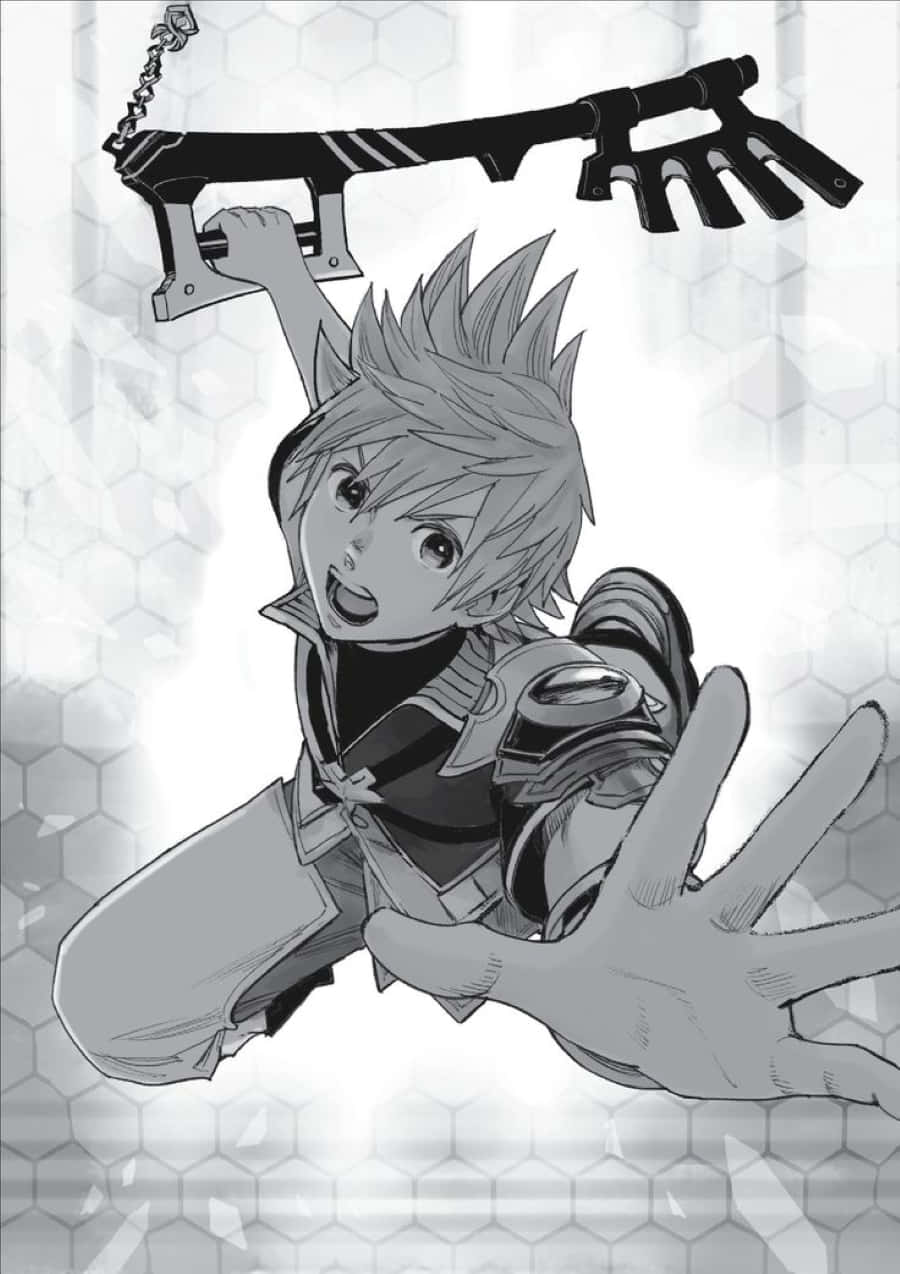 Kingdom Hearts Ventus 桌布 壁紙 — 一個充滿動感的動漫角色，擁有尖刺頭髮，手持大型鑰刃，在六邊形圖案背景前向前伸手。