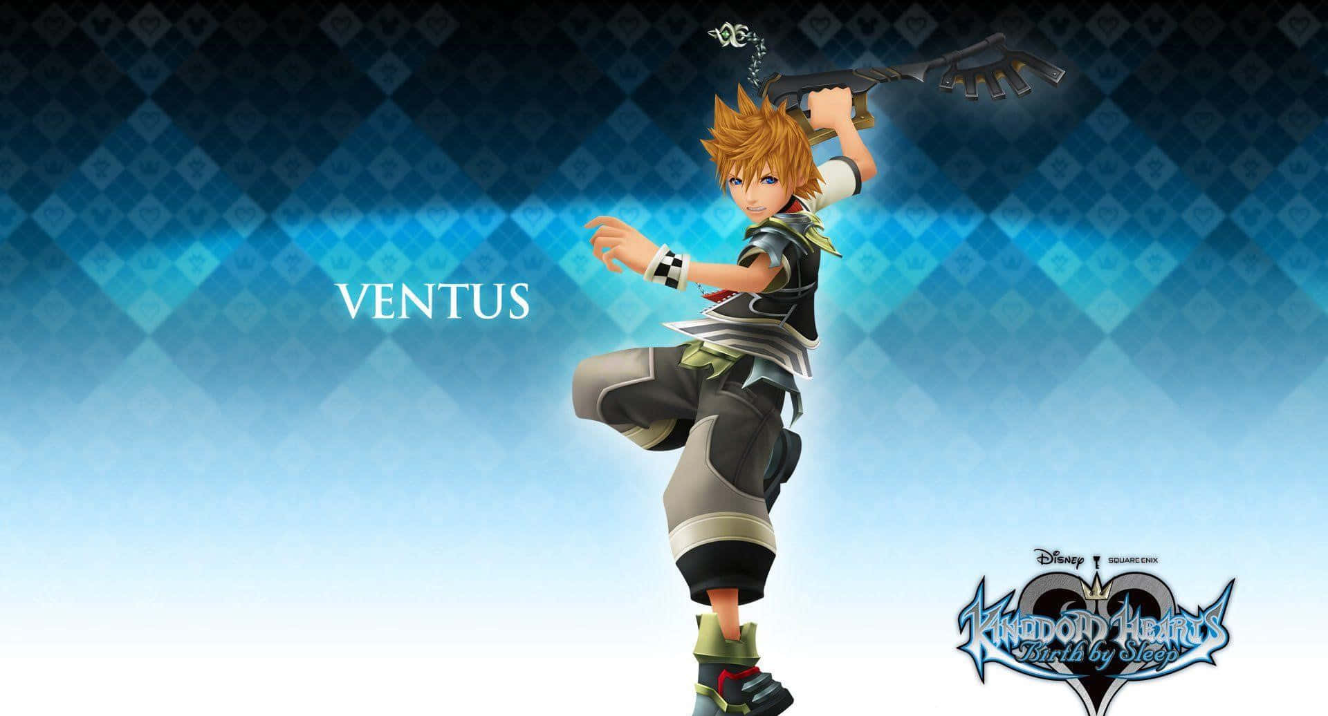 Kingdom Hearts Ventus 桌布 壁紙 — 一個充滿動感的動漫角色，擁有尖刺的橙色頭髮，在藍色鑽石圖案漸變背景前揮舞著鑰刃。