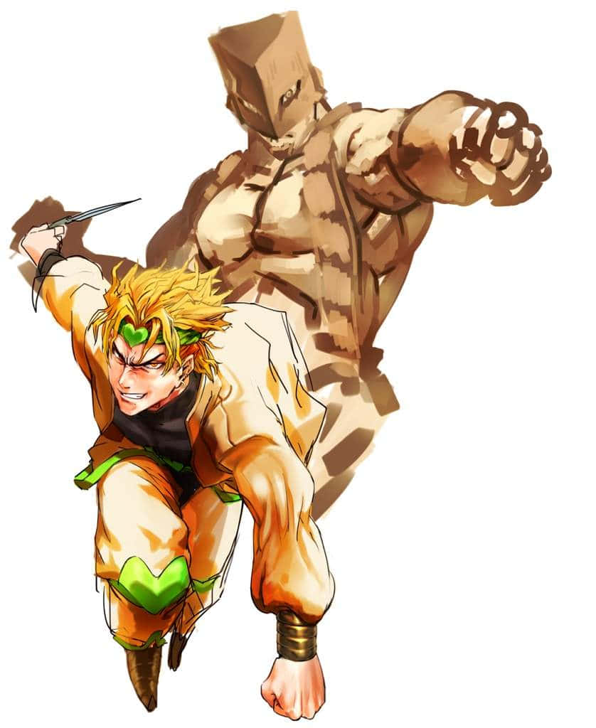 Dio The World 桌布 壁紙 — 一個充滿動感的動漫角色，擁有尖刺金髮和綠色點綴，手持匕首向前衝刺，身後聳立著一個高大的石像般的身影。