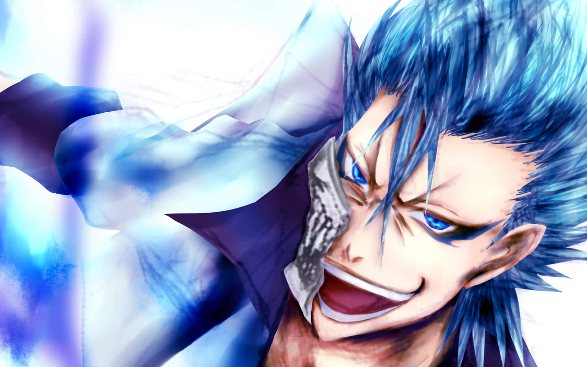 Grimmjow Jaegerjaquez 桌布 壁紙 — 一個充滿動感的動漫角色，擁有尖刺的藍色頭髮和兇猛的笑容，被旋轉的藍色能量包圍。