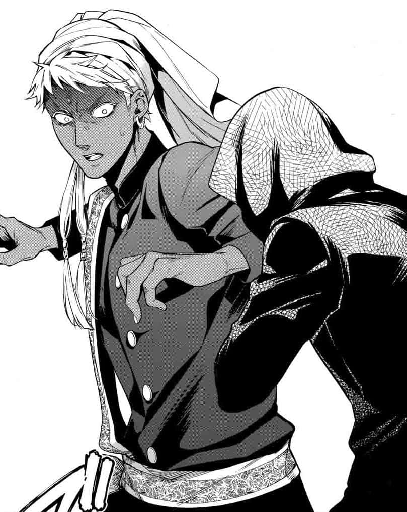Black Butler Agni 桌布 壁紙 — 一個充滿動感的動漫角色，擁有白髮和銳利的眼神，以單色漫畫風格擺出強而有力的姿勢。