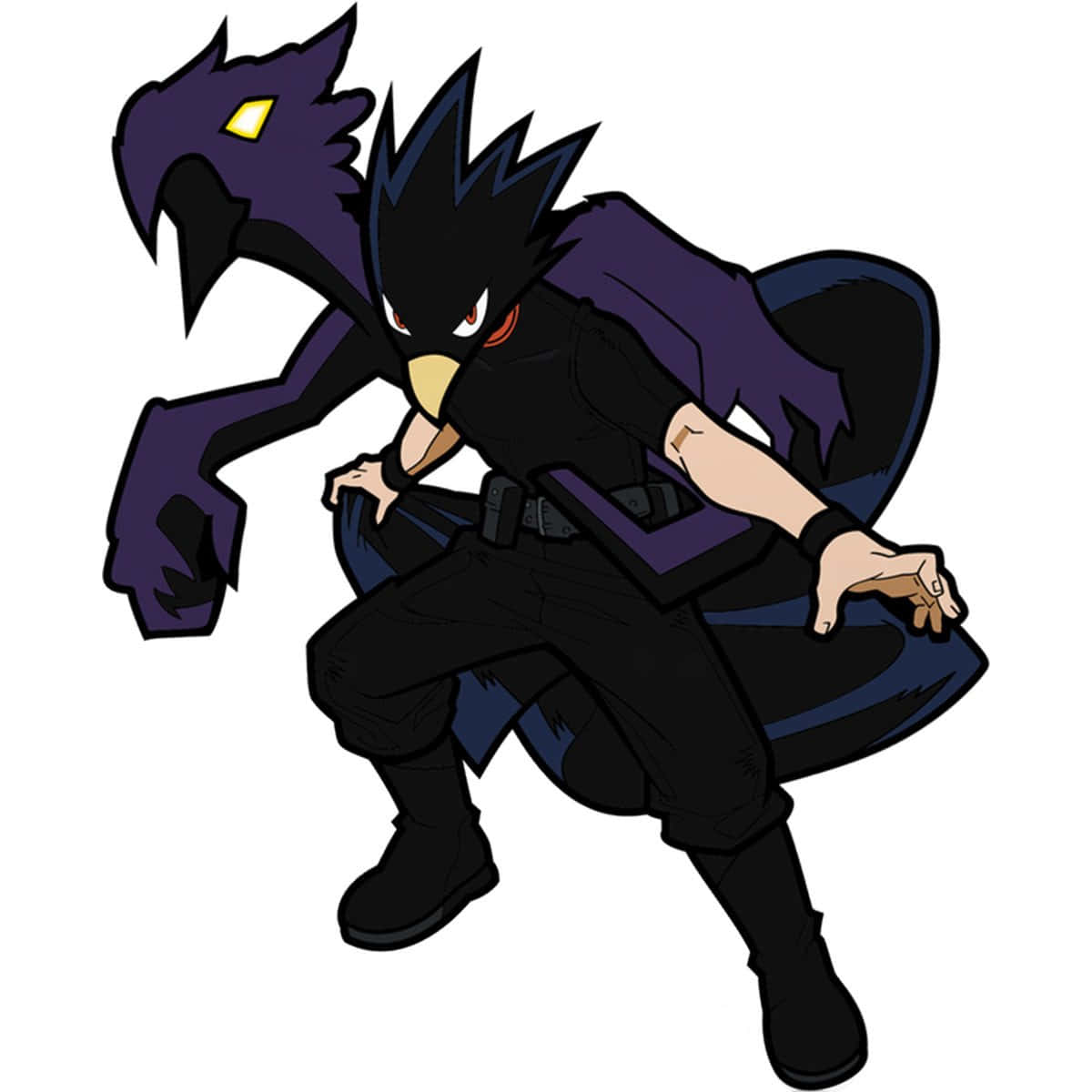 Fumikage Tokoyami 桌布 壁紙 — 一個充滿動感的動漫角色，擁有黑色刺蝟頭，旁邊有一隻紫色的鳥類生物蹲伏著。
