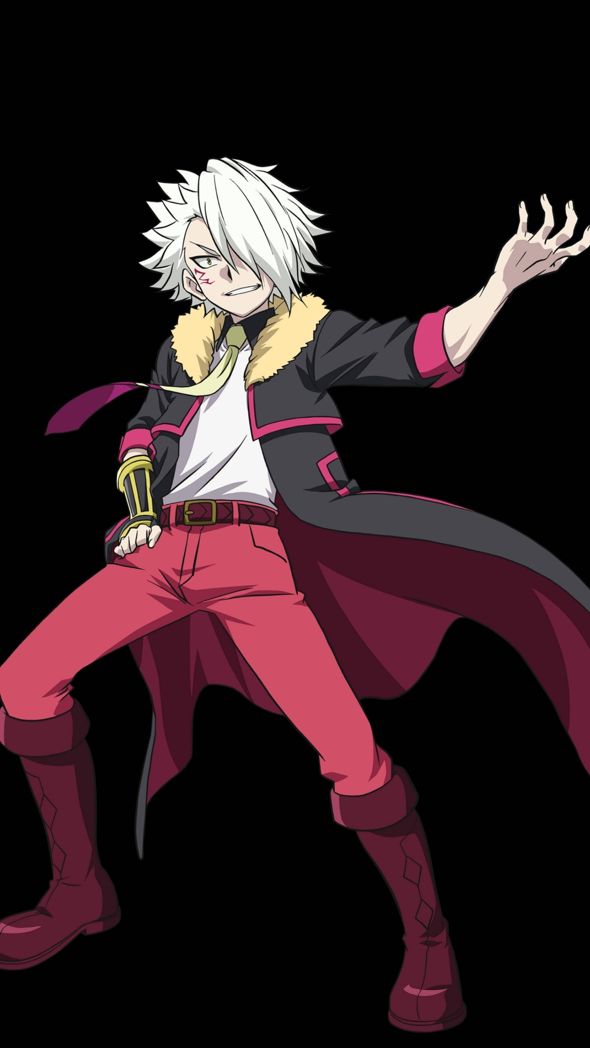Beyblade Burst Suoh 壁紙 — 一個充滿動感的動漫角色，有著尖刺的白髮和紅色外套，在黑色背景前擺出強有力的姿勢。