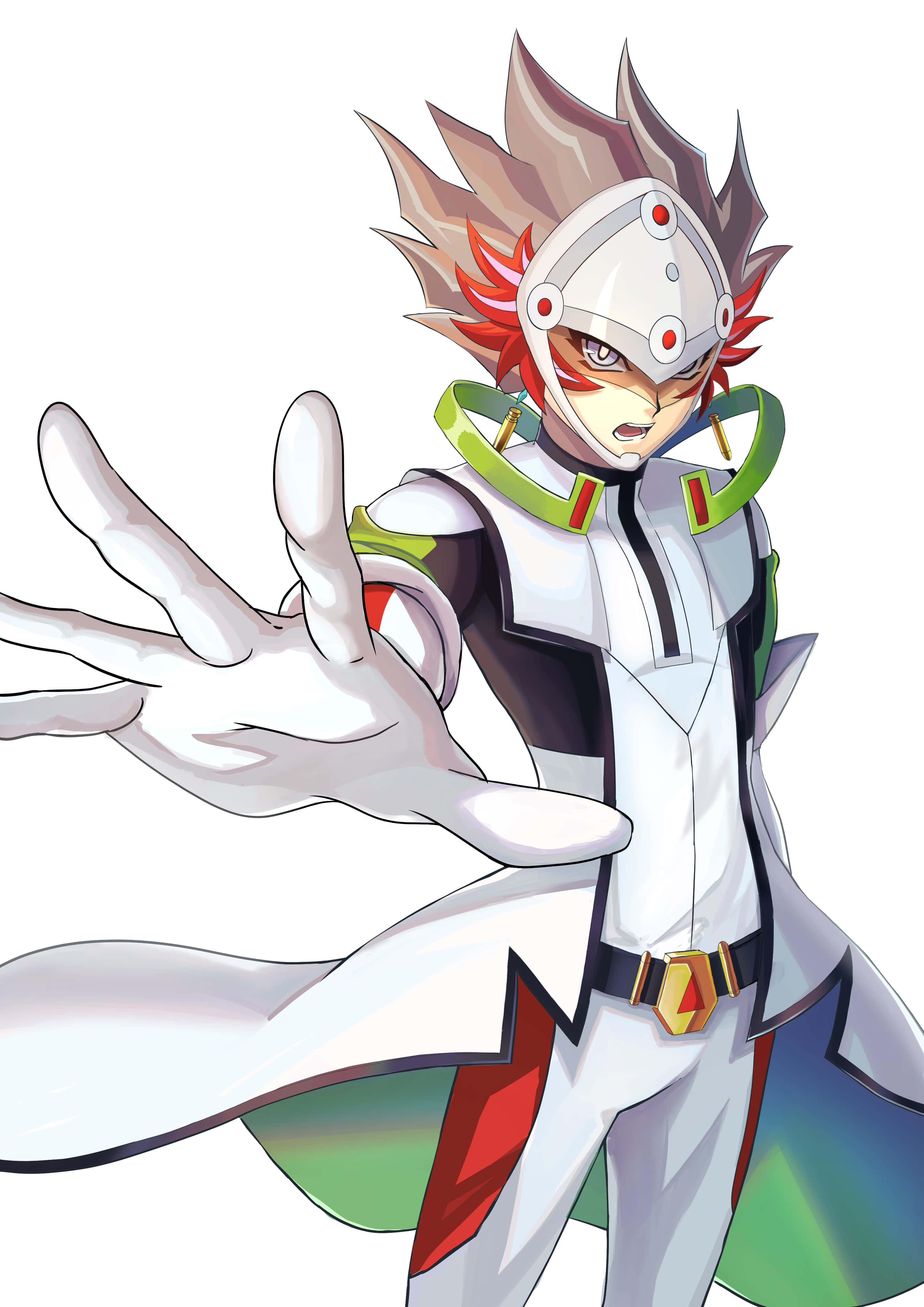 Ryoken Kogami 桌布 壁紙 — 一個充滿動感的動漫角色，有著尖刺的紅色和灰色頭髮，戴著白色頭盔，以命令式的姿勢向前伸出手。