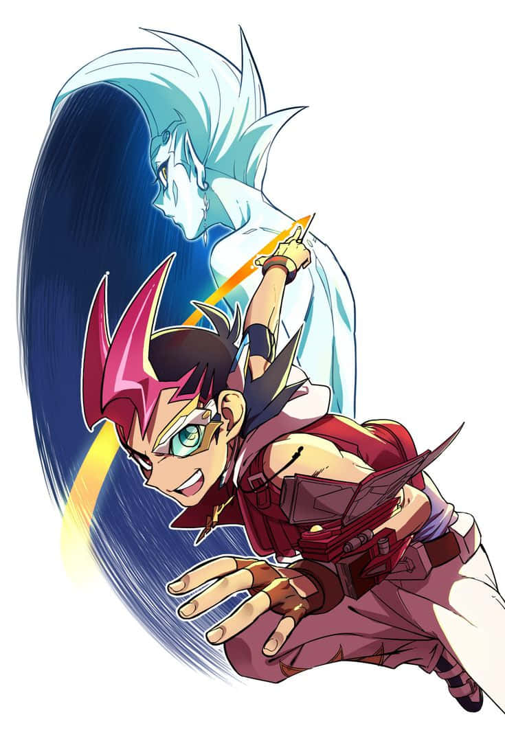 Yuma Tsukumo 桌布 壁紙 — 一個充滿動感的動漫角色，粉紅色頭髮和綠色眼睛，揮舞著發光的劍向前衝刺，而一個藍色頭髮的靈魂人物在後面觀看。