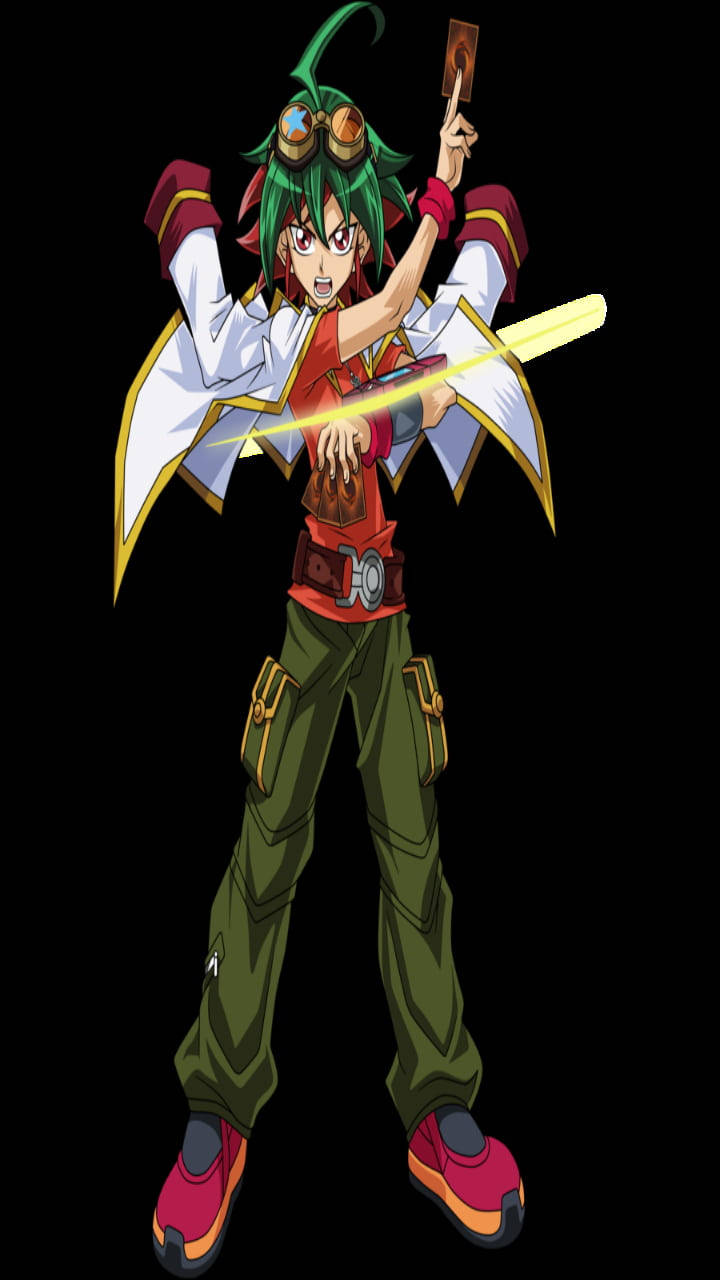 Yu Gi Oh 桌布 壁紙 — 一個充滿動感的動漫角色，綠髮護目鏡，以英雄姿勢從卡片引導發光能量。