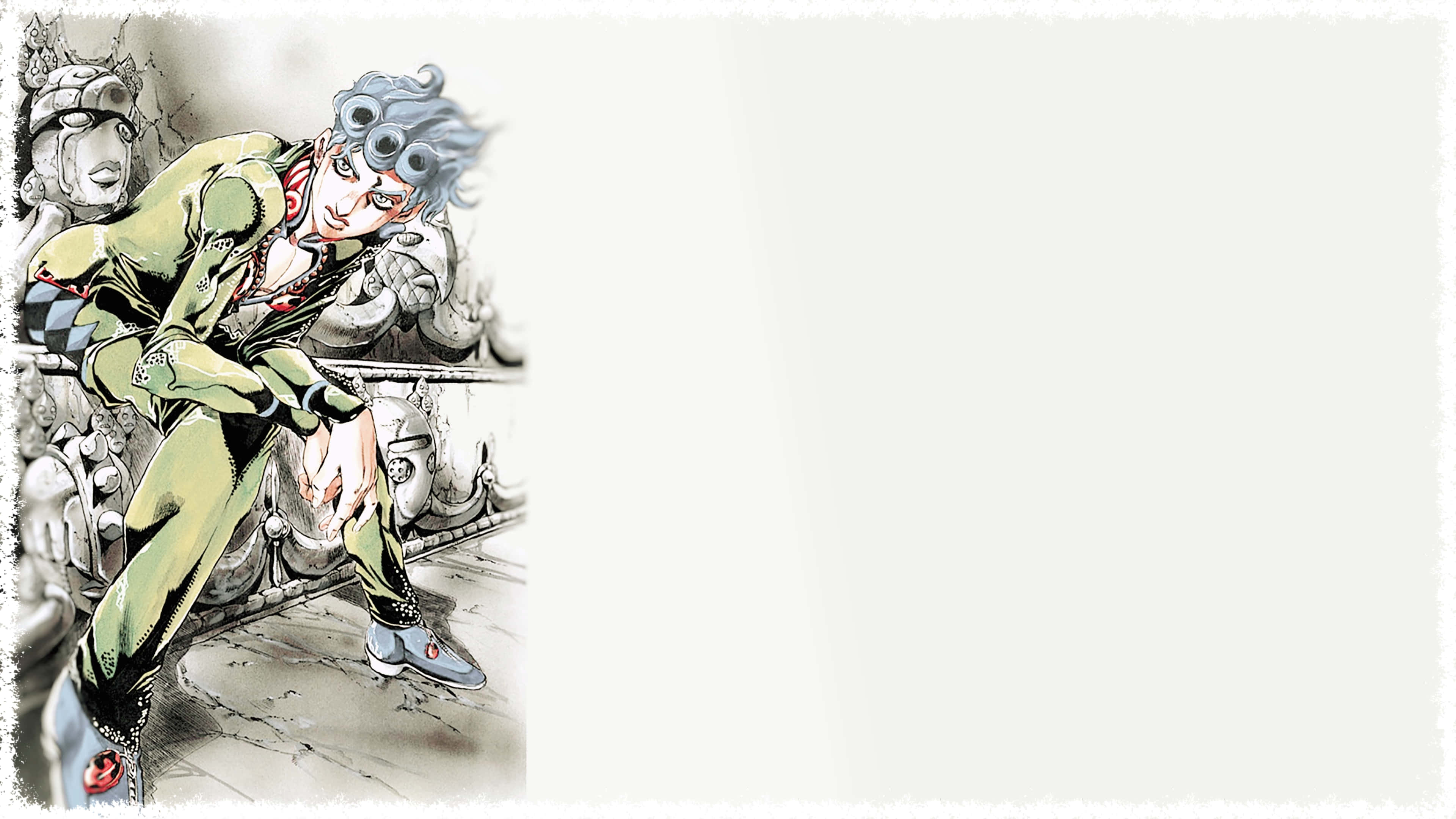 Vento Aureo 桌布 壁紙 — 一個充滿動感的動漫角色，藍色頭髮，戴著護目鏡，身穿綠色套裝，在細節豐富的石頭背景前向前傾。